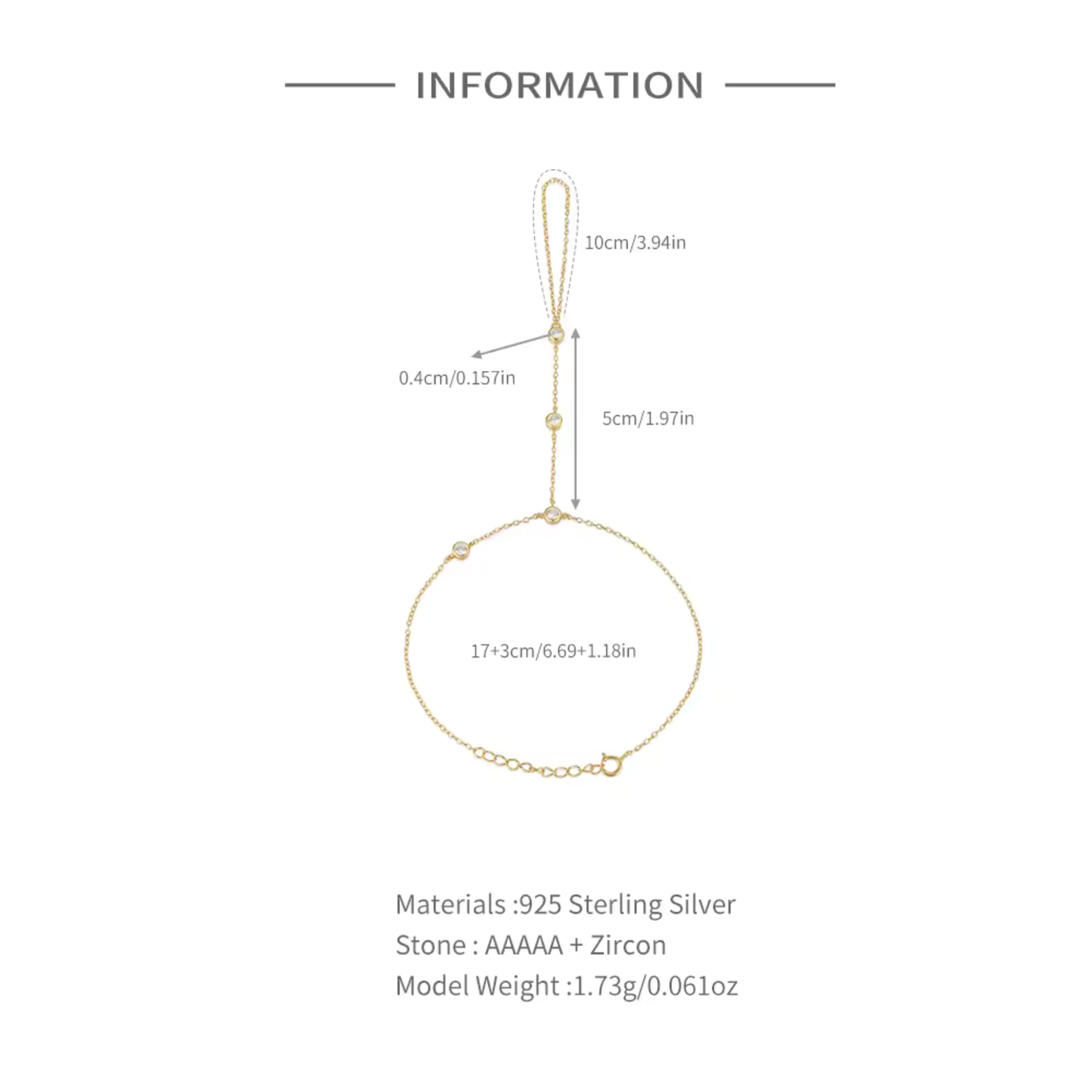 Radiant Elegance 18K Gold Plated Sterling Silver Chain Ring Slave Bracelet