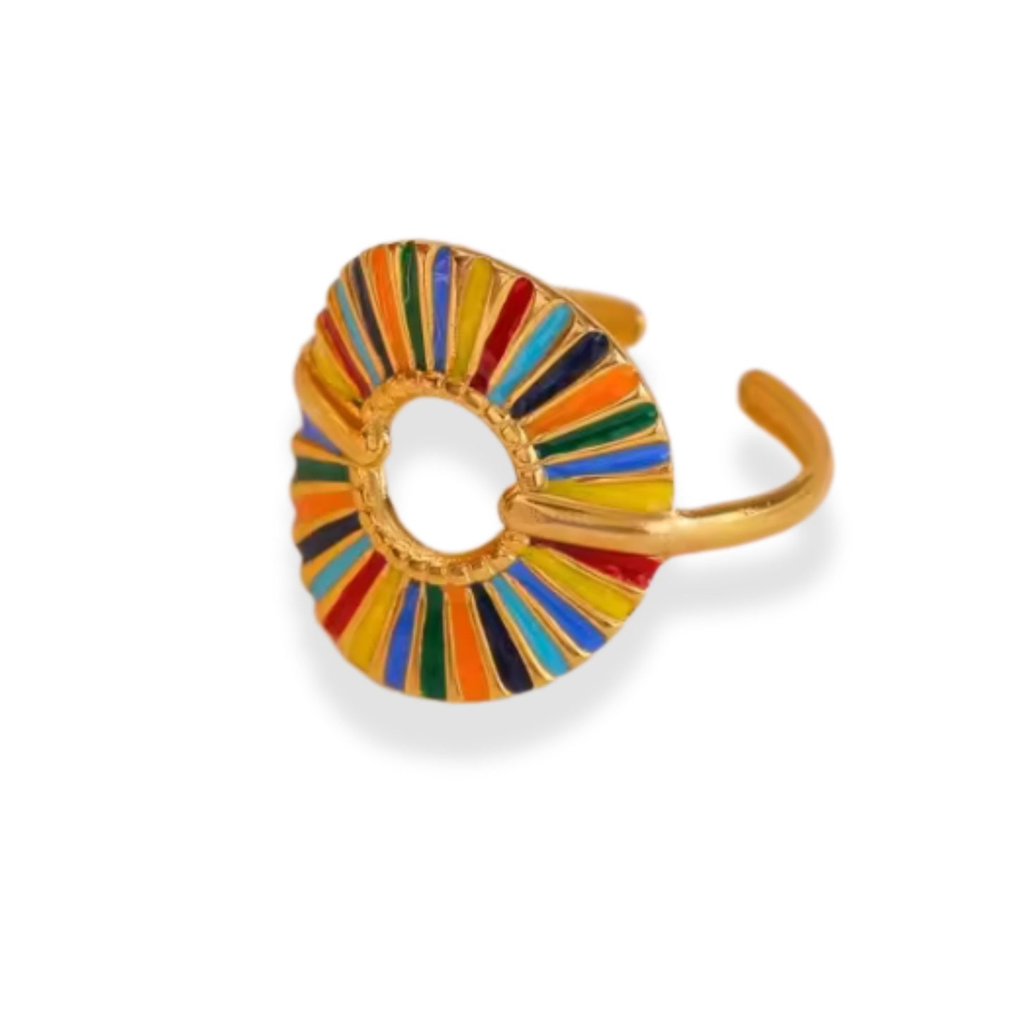 18K Gold Plated Rainbow Sunburst Adjustable Ring featuring a colorful enamel sunburst design and adjustable band for a perfect fit.