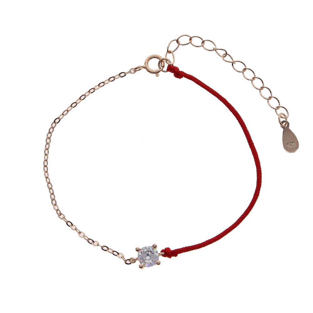 Red 925 Sterling Silver and 18K Rose Gold Plated CZ Two-Tone Chain Bracelet with a cubic zirconia centerpiece and colored rope detail.