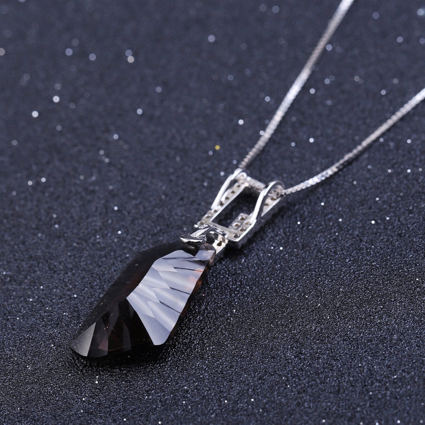 Close-up of the Natural Smoky Quartz Hexagon Pendant with delicate rhodium-plated accents on a 925 sterling silver chain.