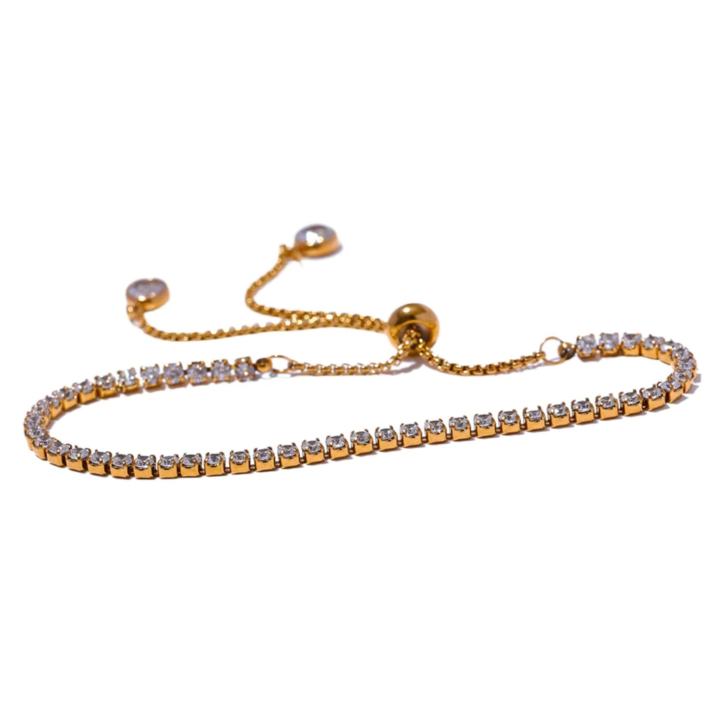 Adjustable Gold-Plated Rainbow Bracelet with classic white stones and a durable PVD gold-plated stainless steel chain.