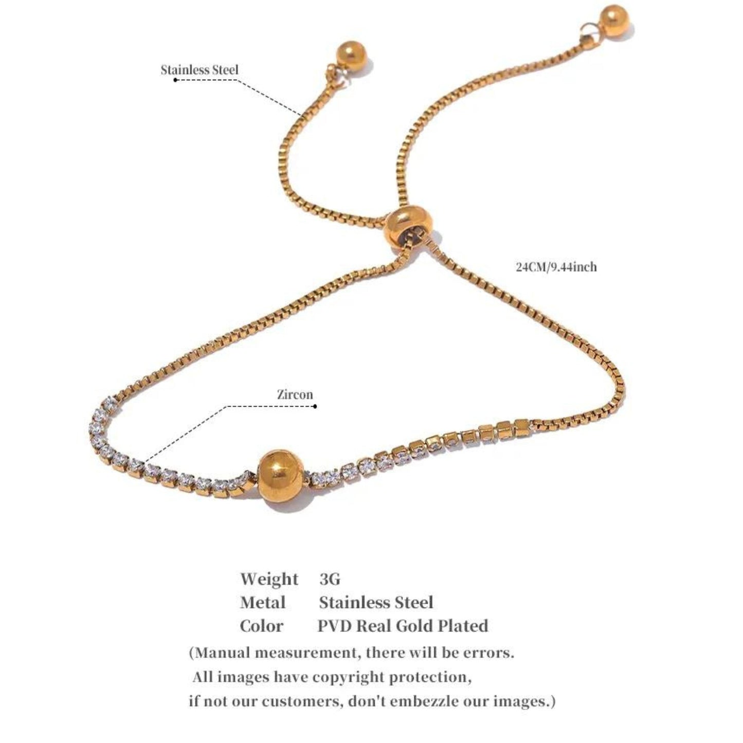 Adjustable Gold-Plated Zircon Charm Bracelet with complete details, ideal for special occasions and gifting, adding a touch of elegance and sparkle to formal wear.