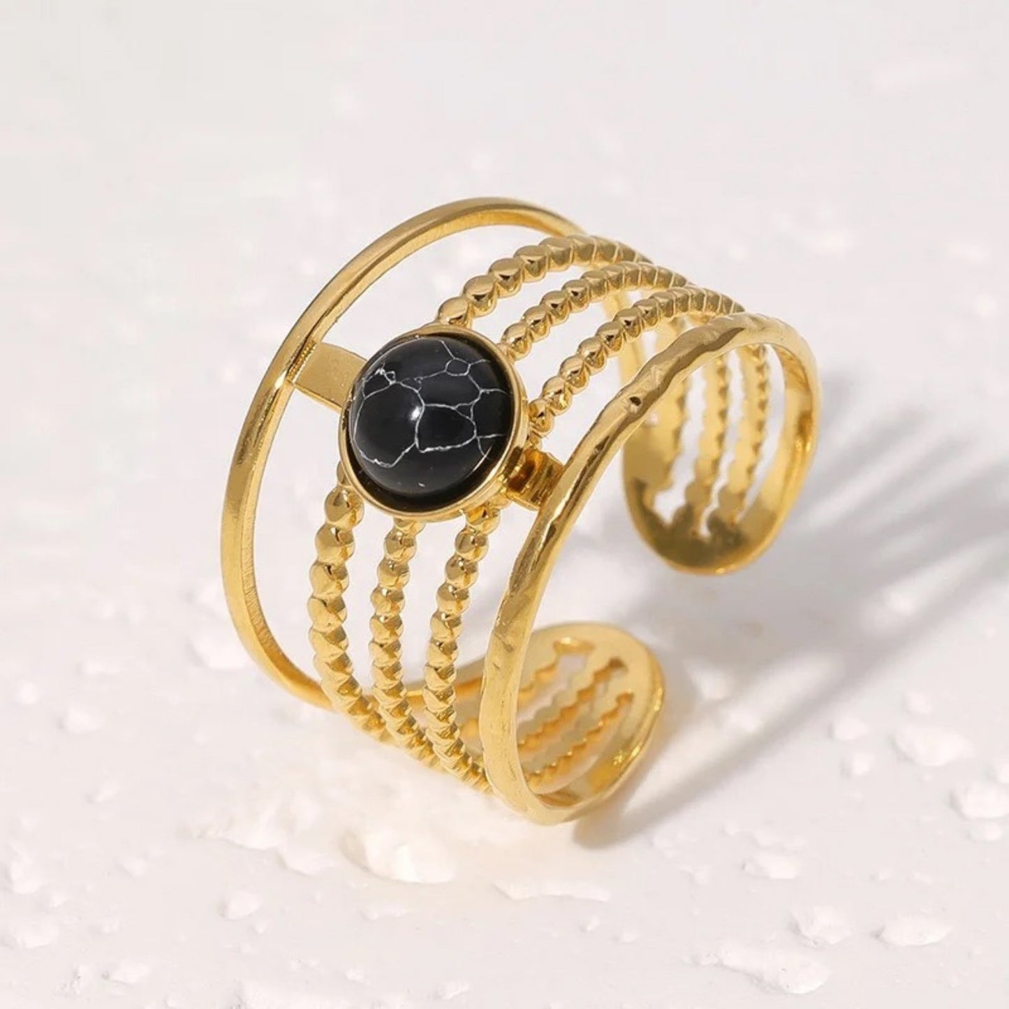 Adjustable Multi-Band Stone Ring in Black with a bold central stone and stainless steel multi-band design.