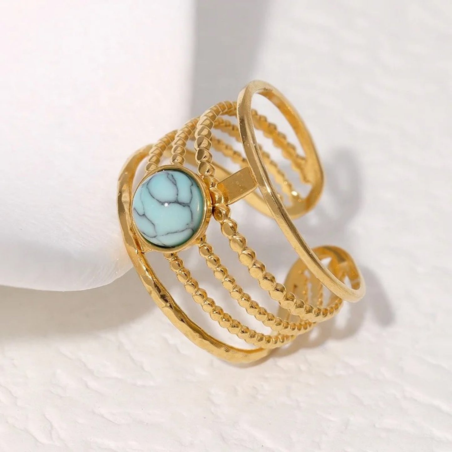 Adjustable Multi-Band Stone Ring in Sky Blue featuring a serene central stone and an adjustable stainless steel band.