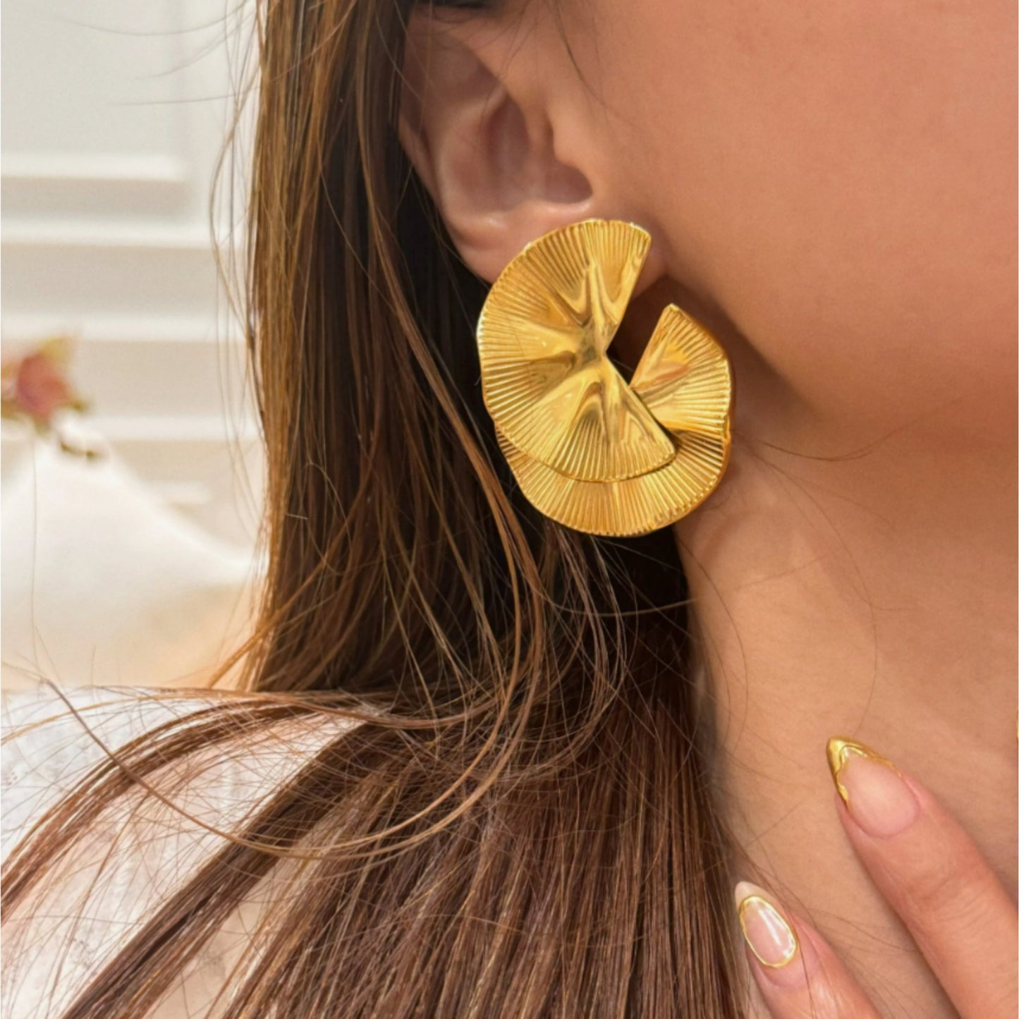 Artistic Mushroom Earrings featuring a layered design, available in 18K gold-plated or silver-plated stainless steel, styled on a model for a bold, artistic look.