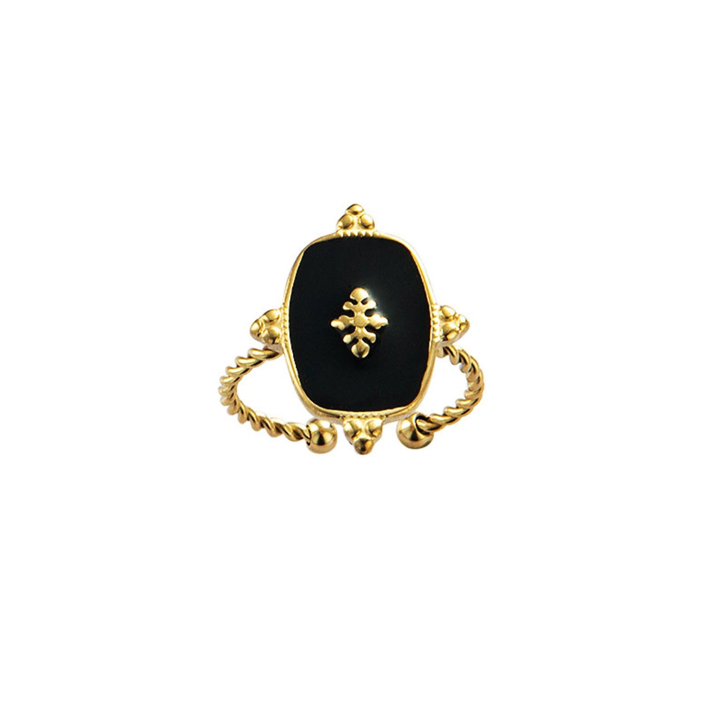 Close up of the Black Onyx Adjustable Gold Plated Ring with a 1.5 cm x 1.2 cm black onyx stone and a twisted gold-plated band, showcasing its timeless elegance.
