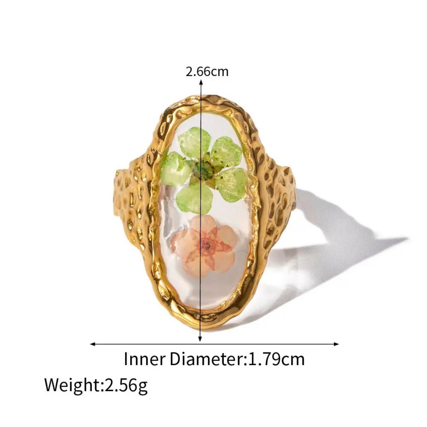 Details for the Oval-shaped Blooming Elegance Floral Open Ring with intricate floral motifs and an adjustable open design in 18K gold plating.