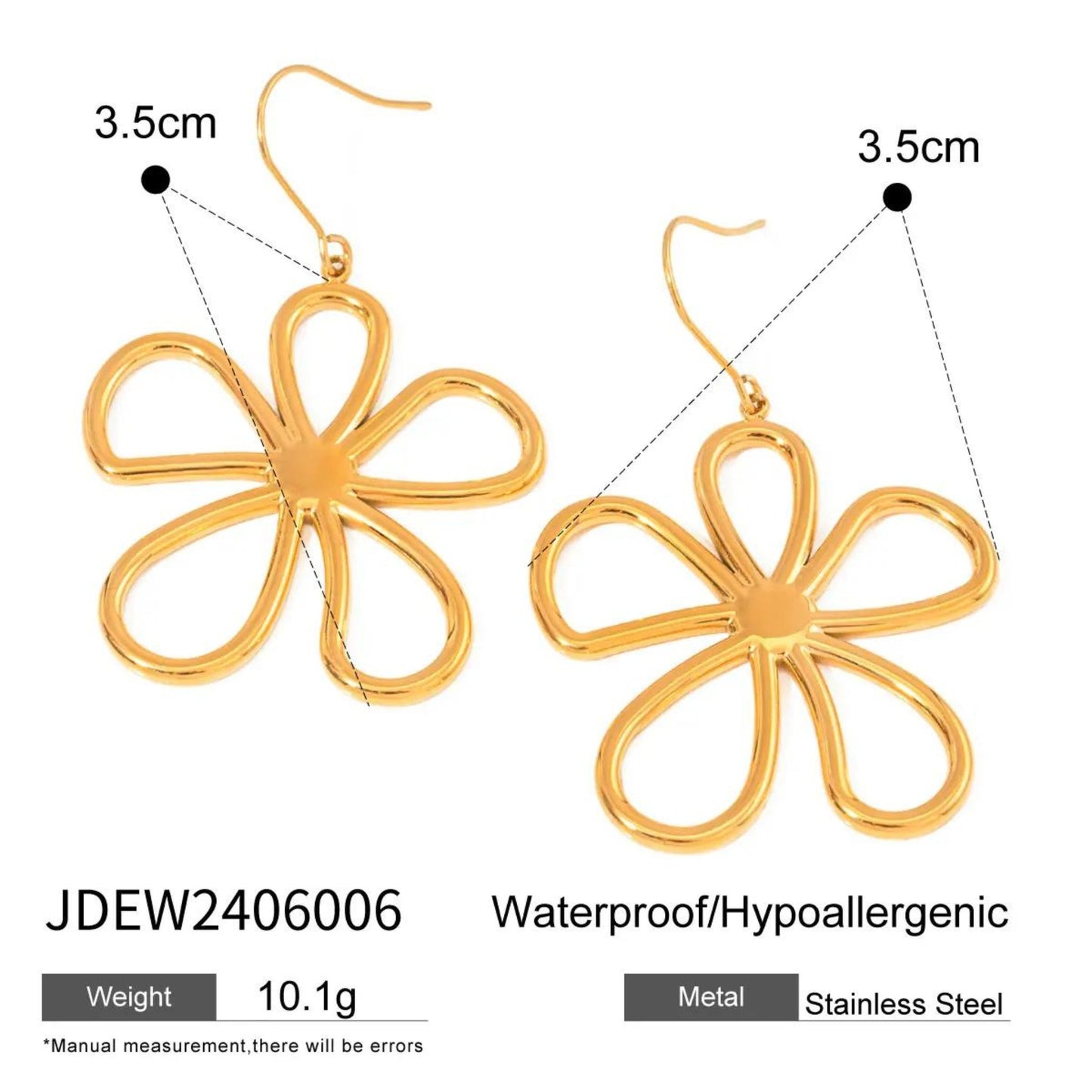 Details of the Blossom Bloom Floral Earrings with lightweight gold open petal design, adding a touch of nature-inspired charm to a model's look.