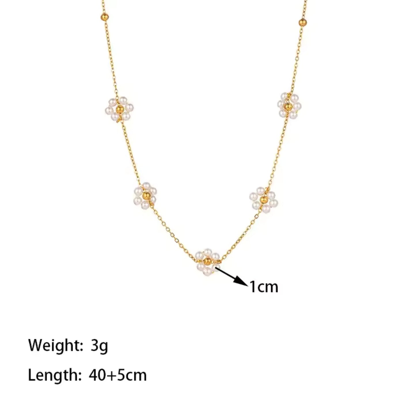 Details of the Close-up of Blossom Elegance Pearl Necklace featuring intricately designed floral accents with lustrous pearls in an 18K gold-plated finish.