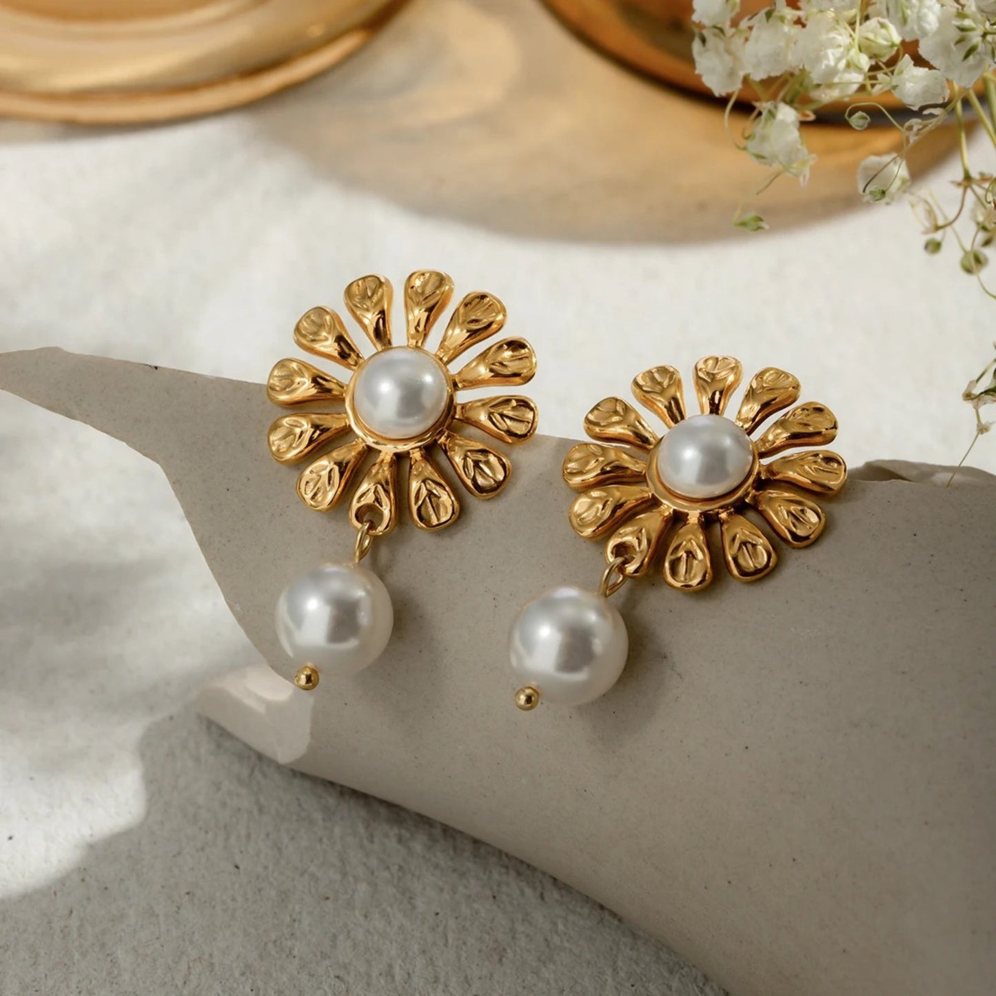 Floral Pearl Drop Earrings styled for weddings or formal events, perfect birthday gift.