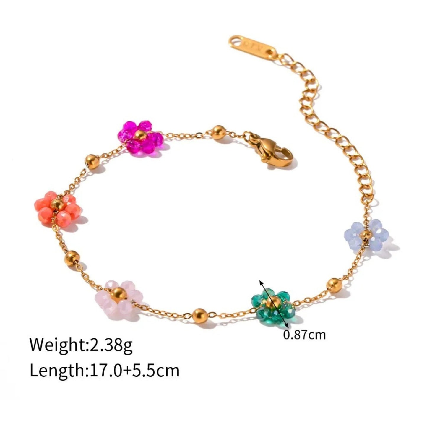 Close-up of the Blossom Radiance Bracelet colorful floral charms, intricately crafted with vibrant details and 18K gold-plated accents.