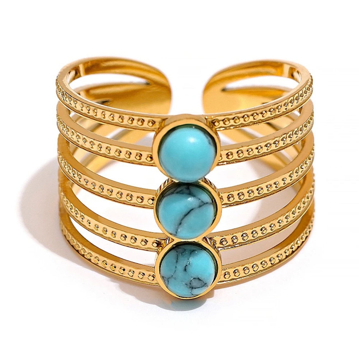 Close-up of Turquoise Multi-Layer Ring showcasing 18K gold plating and bohemian detailing.
