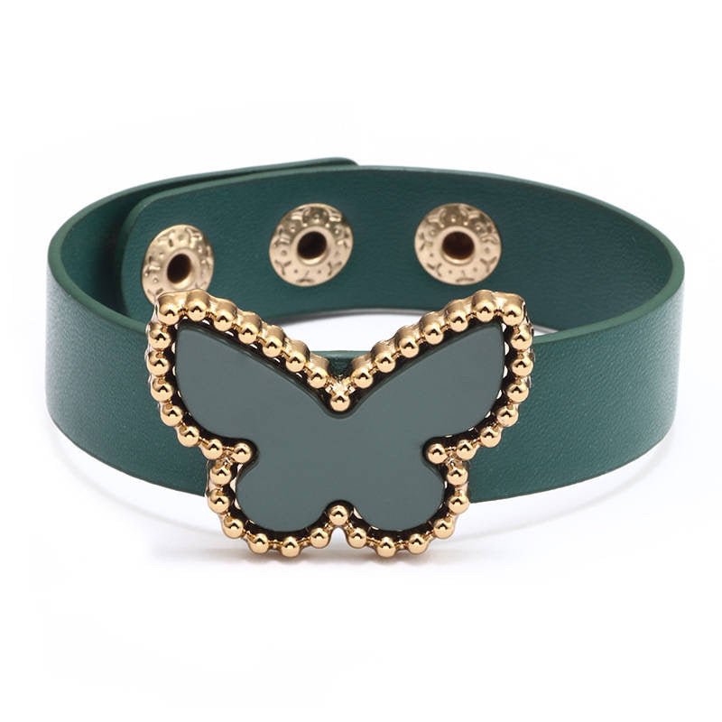 Butterfly Acrylic PU Leather Bracelet in green with an acrylic butterfly charm & adjustable strap for a trendy & elegant look
