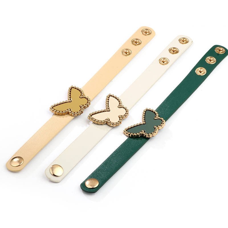 Butterfly Acrylic PU Leather Bracelets in green, light gray, & beige, featuring adjustable straps & elegant butterfly designs