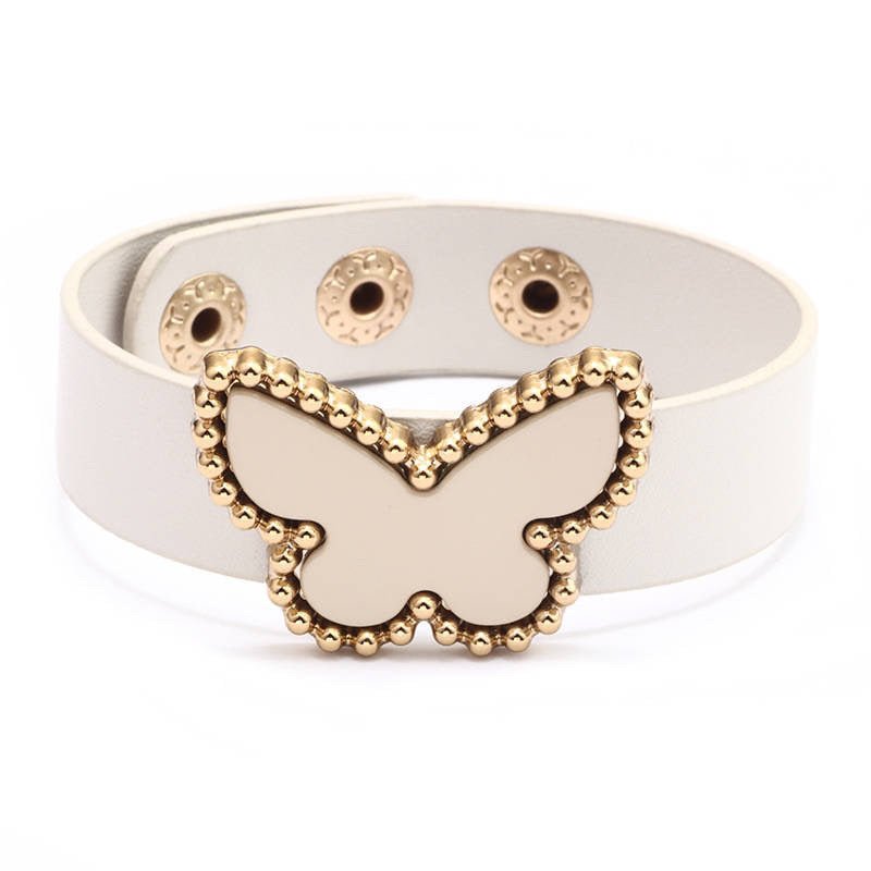 Butterfly Acrylic PU Leather Bracelet in light gray, featuring a durable PU leather strap & whimsical acrylic butterfly charm