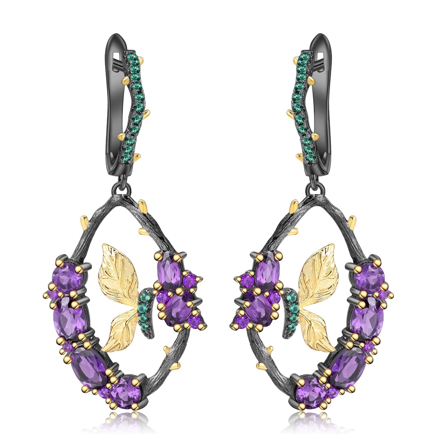 Amethyst and Emerald Sterling Silver Earrings featuring a branch motif with natural amethyst and nano emerald stones, crafted in 925 sterling silver with black gun and gold plating.