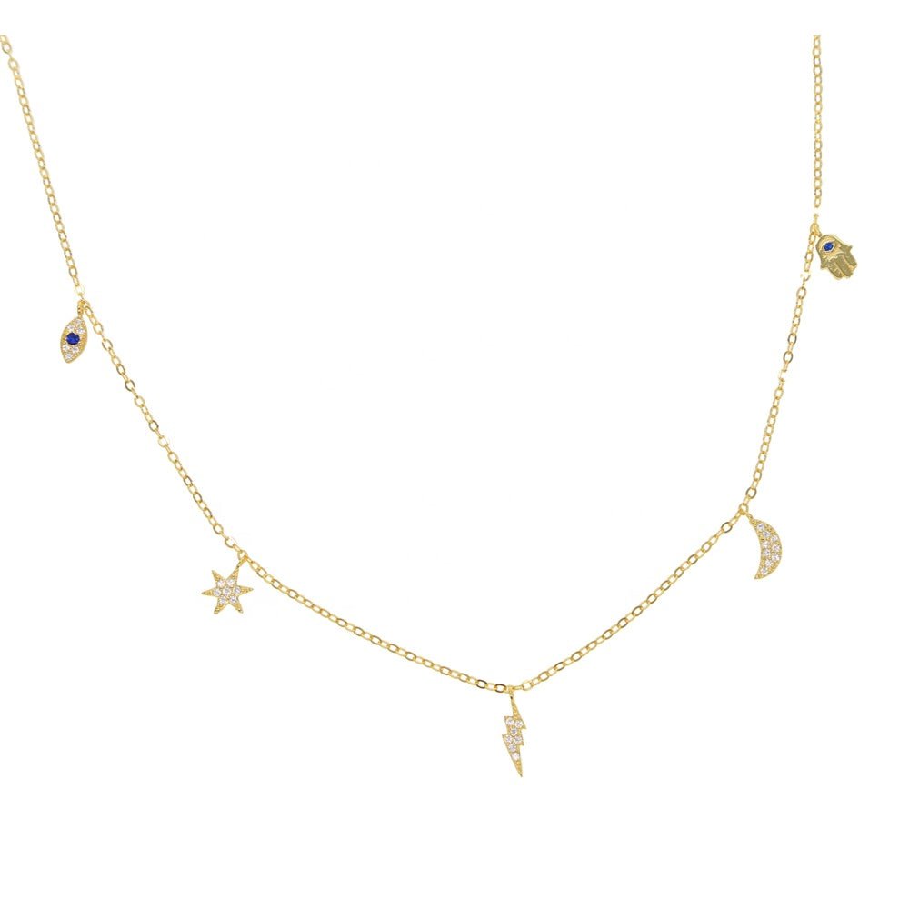Celestial Charm Necklace crafted from 18K gold-plated 925 sterling silver, featuring star, eye, moon, hand, and thunderbolt