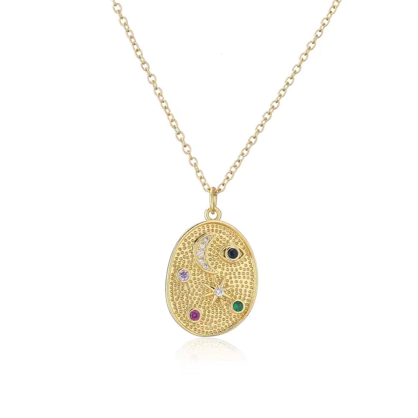 Celestial Charm Pendant Necklace featuring a gold-plated pendant with celestial symbols and colorful cubic zirconia stones on an 18K gold-plated chain.