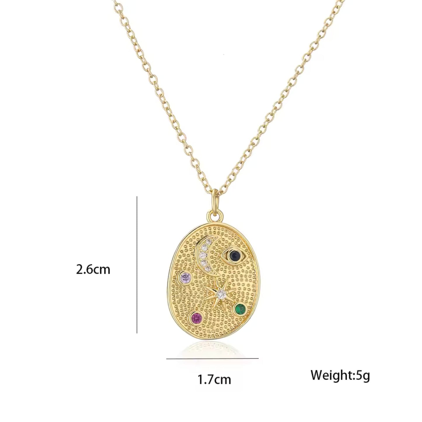 Celestial Charm Pendant Necklace showing the 2.6cm x 1.7cm gold-plated pendant with colorful cubic zirconia accents.