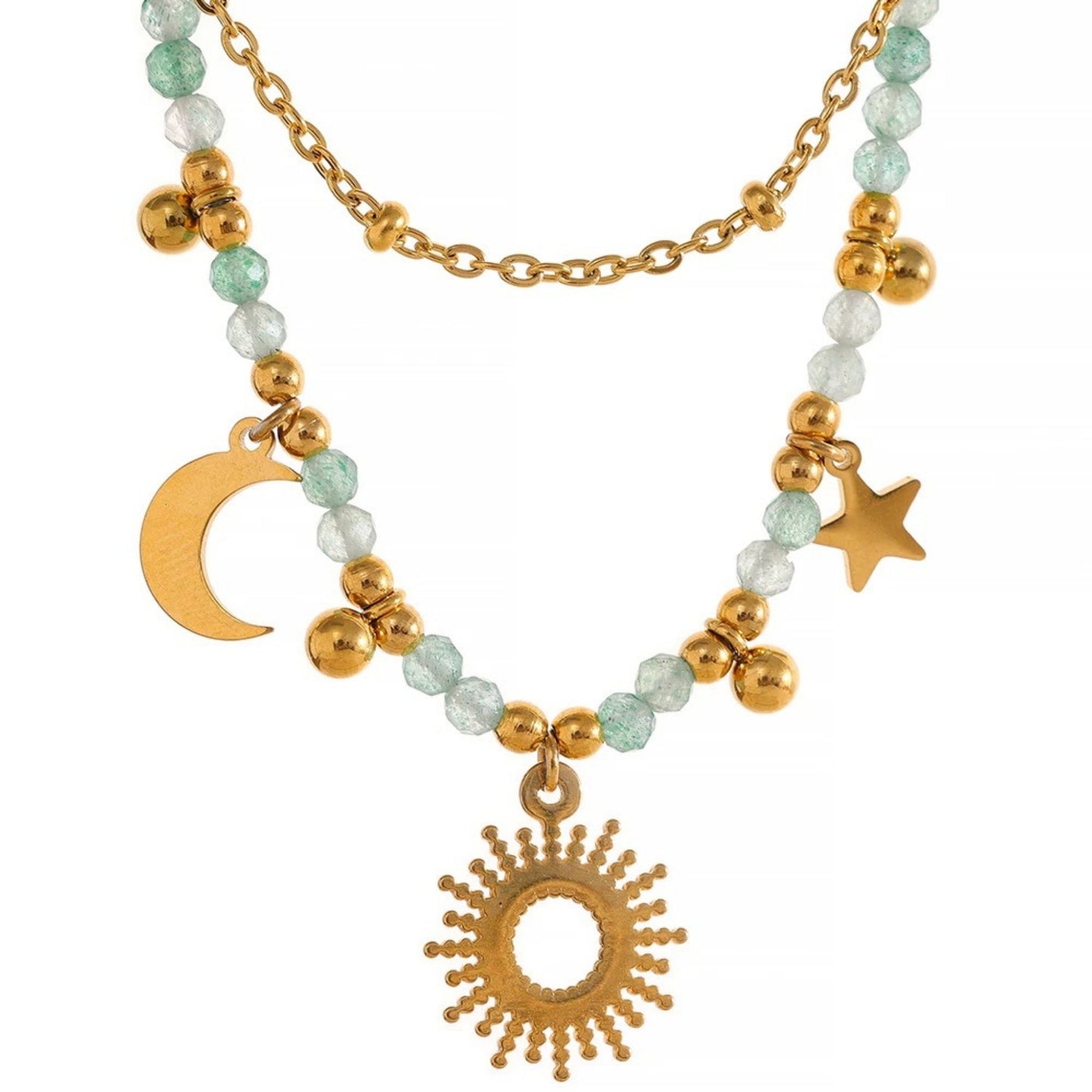 Celestial Harmony Charm Necklace crafted from 18K gold-plated stainless steel, featuring crescent moon, star, and sun charms with faceted beads.
