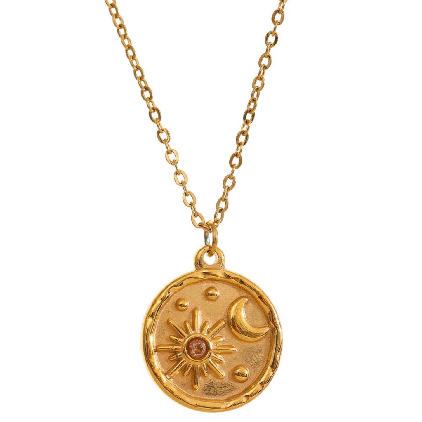 Celestial Sun and Moon Pendant Necklace with 18K gold-plated round pendant featuring detailed sun and moon motifs on a 40cm chain. Sun and Moon Pendant Necklace