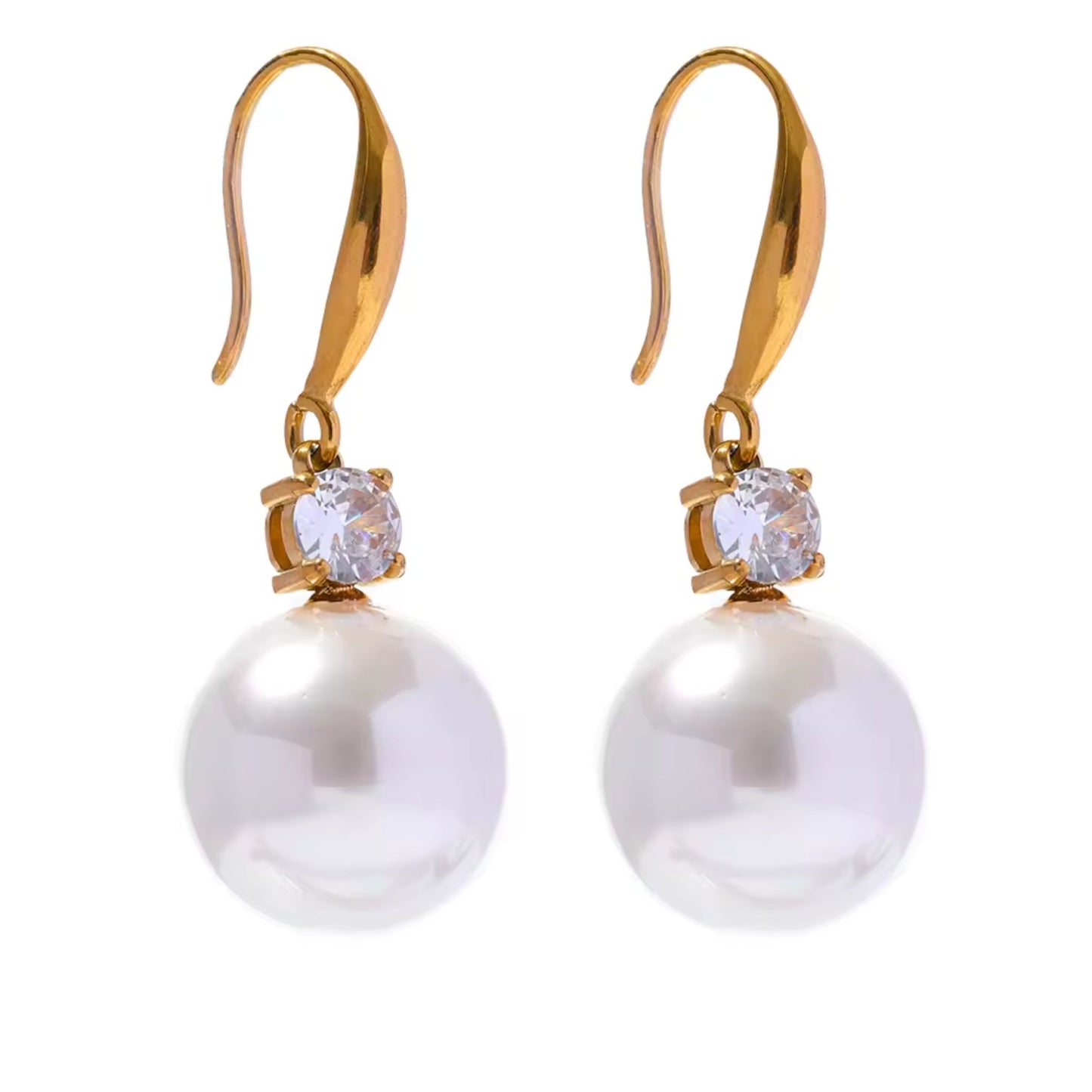 Classic Pearl Drop Earrings crafted in 18K gold-plated stainless steel with luminous imitation pearls and sparkling cubic zirconia accents.