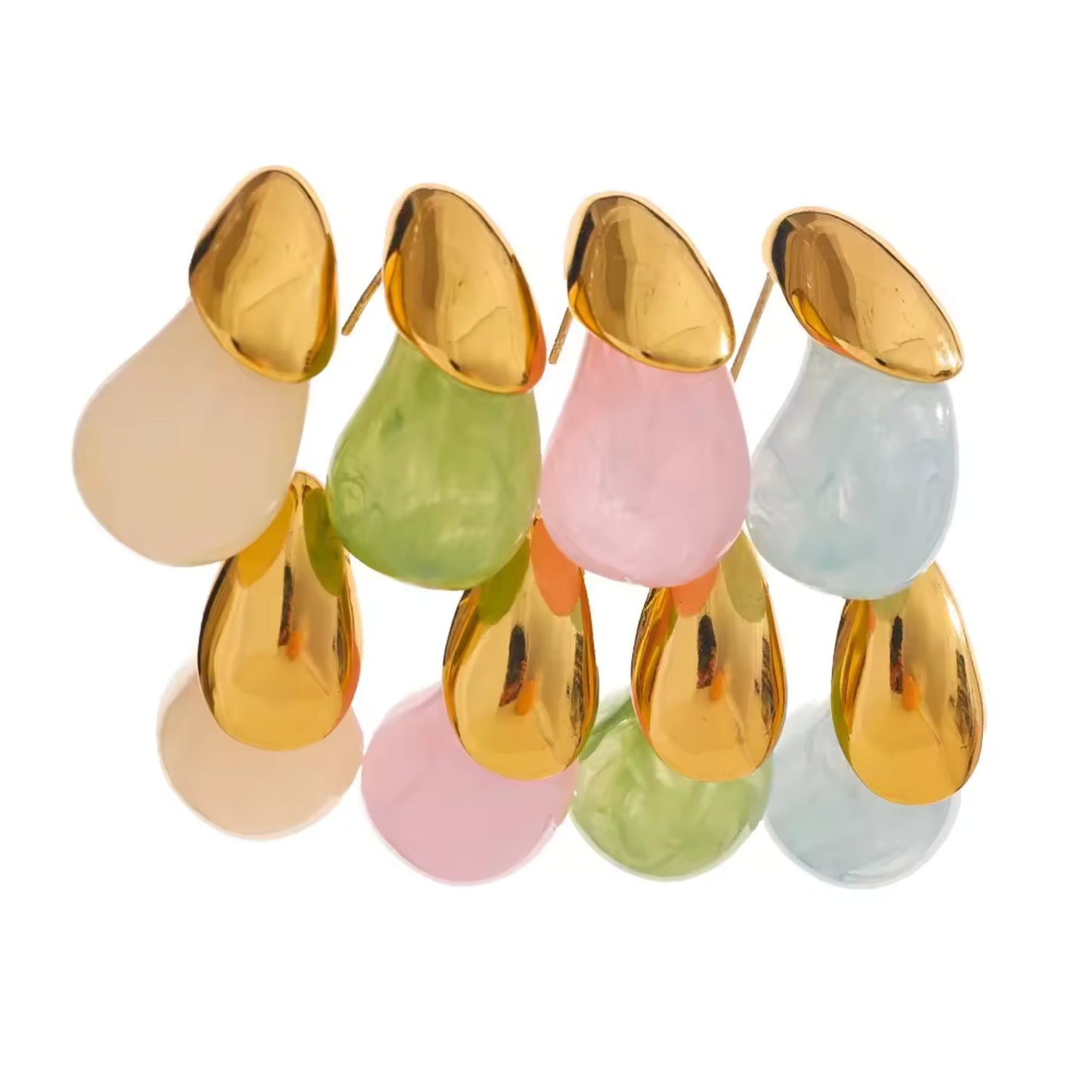 Color Splash Gold-Tipped Drop Earrings in pink, blue, green, and ivory with elegant gold-plated tops.