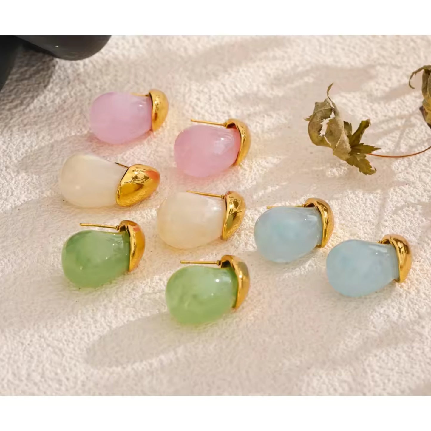 Color options for the Color Splash Gold-Tipped Drop Earrings: soft pink, light blue, spring green, and ivory.