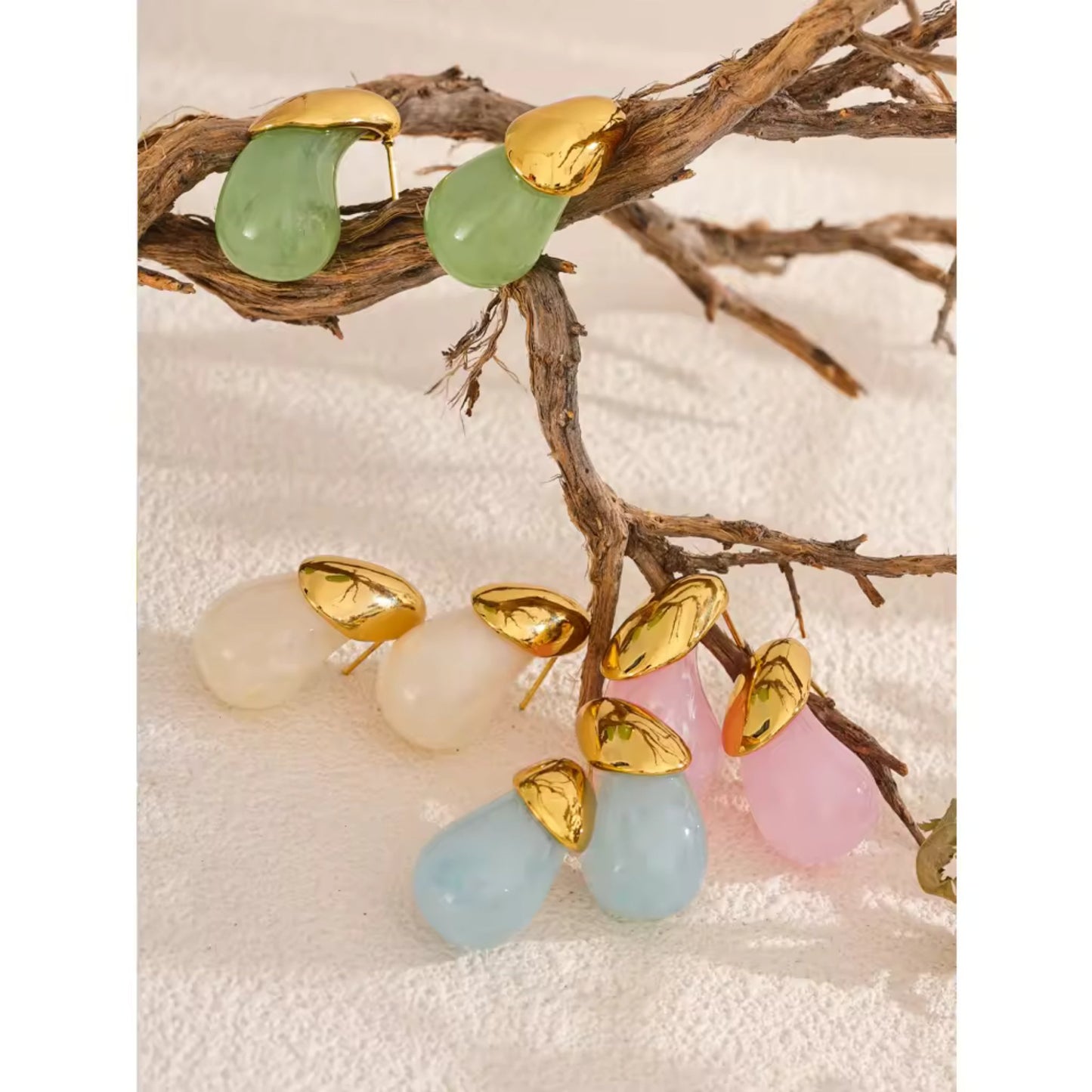 Detail of the lightweight Color Splash Gold-Tipped Drop Earrings, designed for all-day comfort and style.