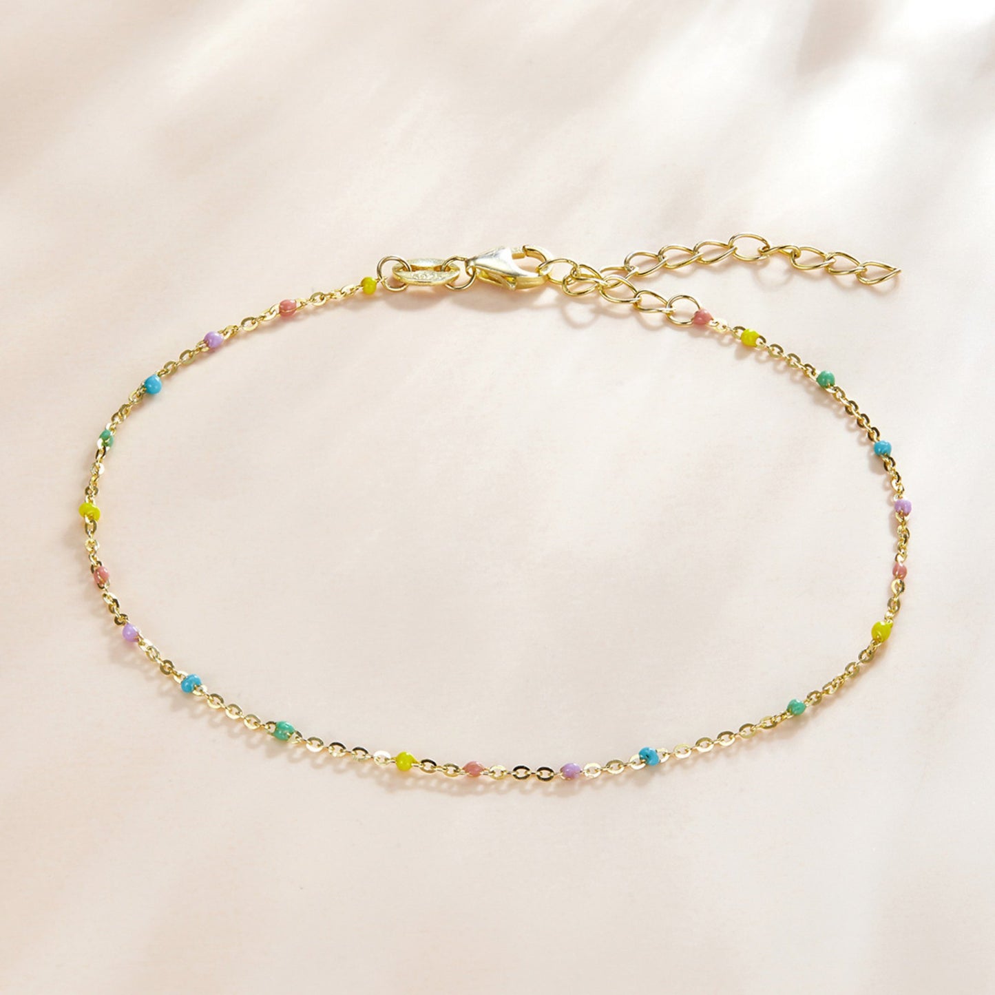 Close-up of the vibrant colored beads on the Colorful Harmony Bracelet, showcasing their playful and elegant charm.