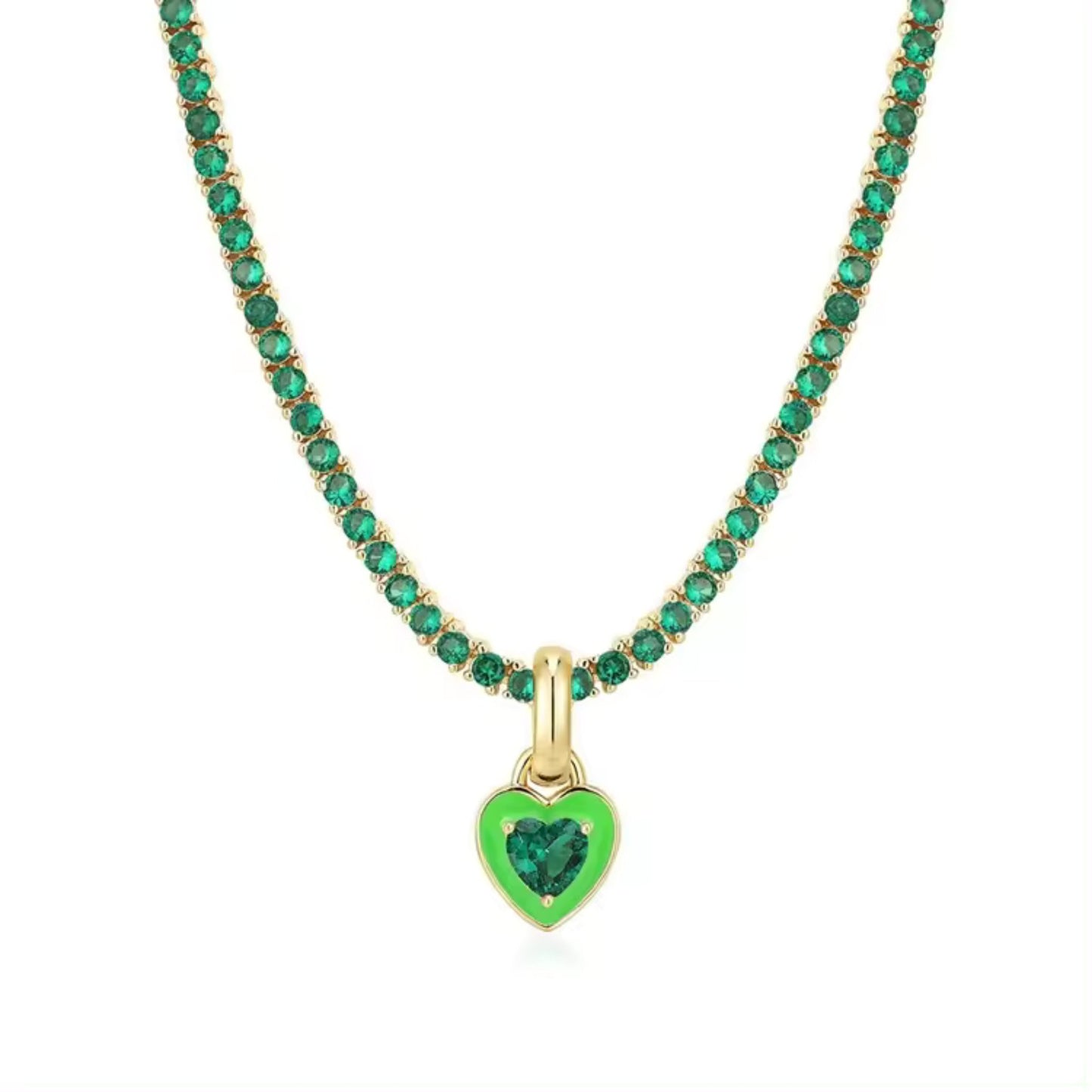 Close-up of the green zircon stones on the green Heart Zircon Tennis Necklace, enhancing its sparkle and vibrant appeal.
