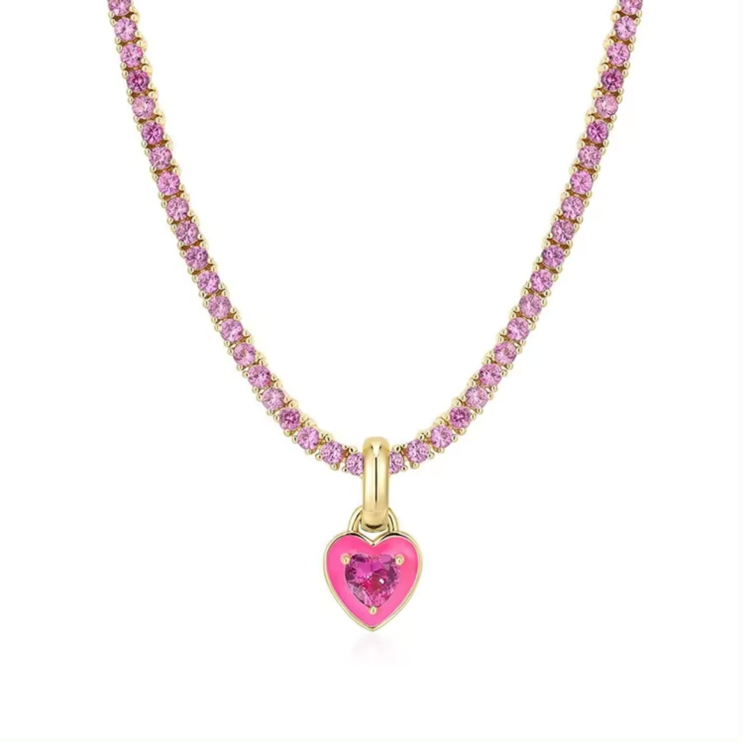 Close-up of the pink zircon stones on the pink Heart Zircon Tennis Necklace, enhancing its sparkle and vibrant appeal.