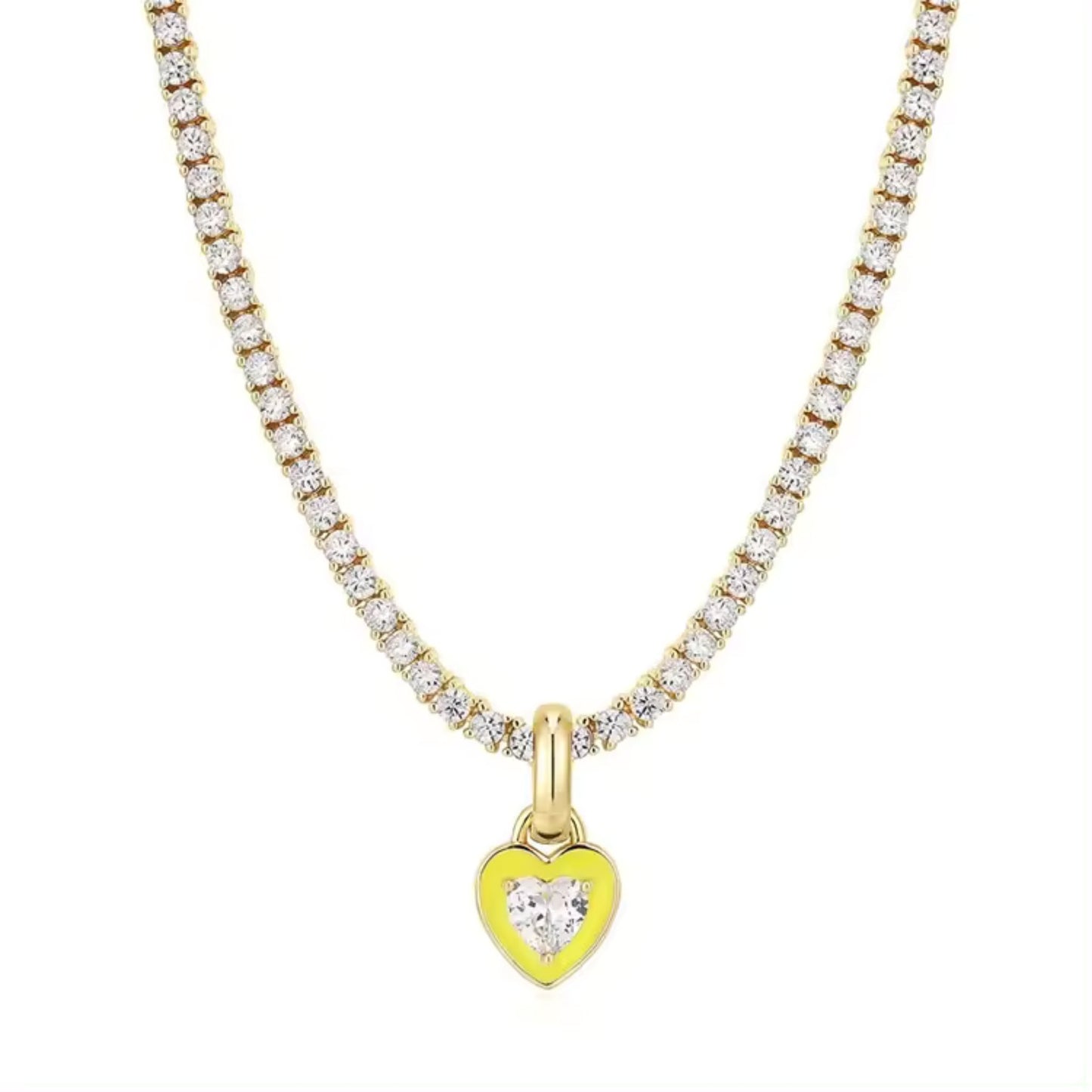 Close-up of the yellow zircon stones on the yellow Heart Zircon Tennis Necklace, enhancing its sparkle and vibrant appeal.