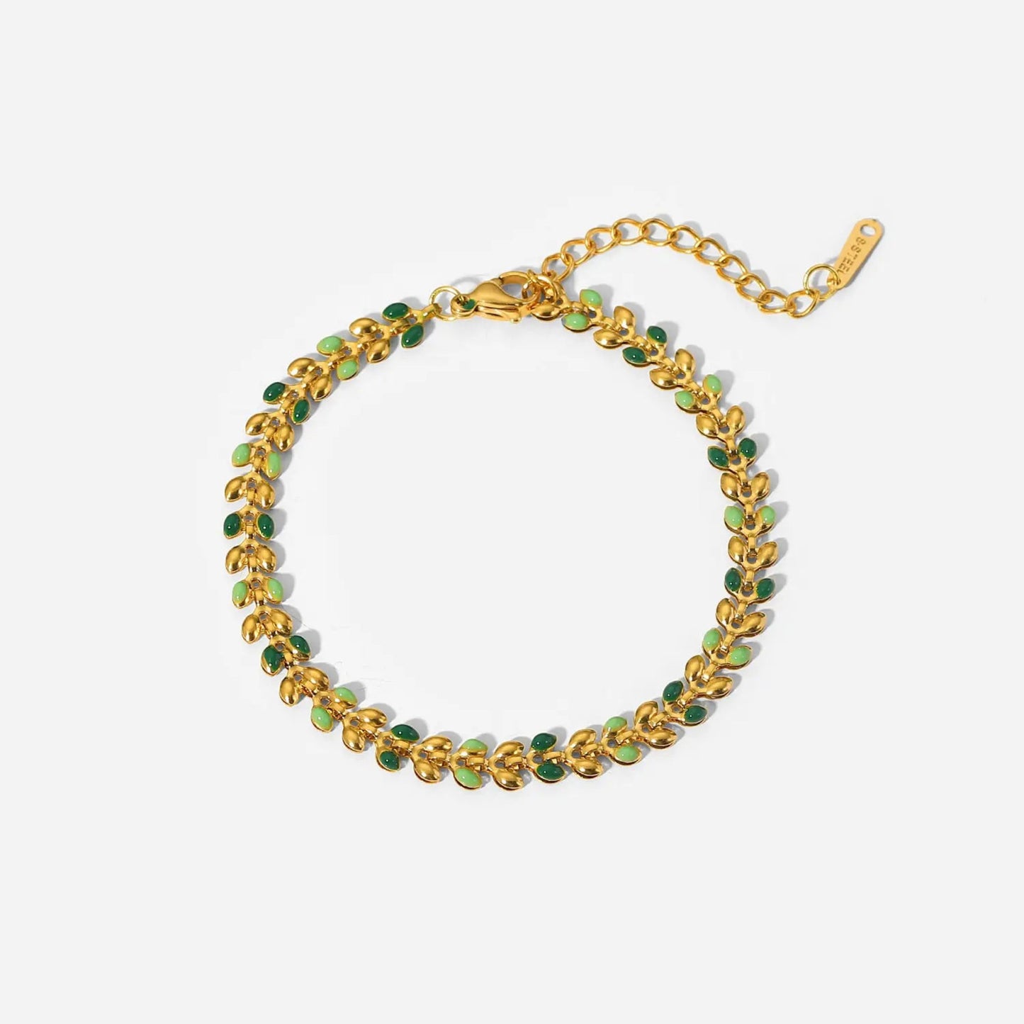 Colorful Leaf Drop Bracelet featuring 18K gold-plated stainless steel with vibrant oil drop accents