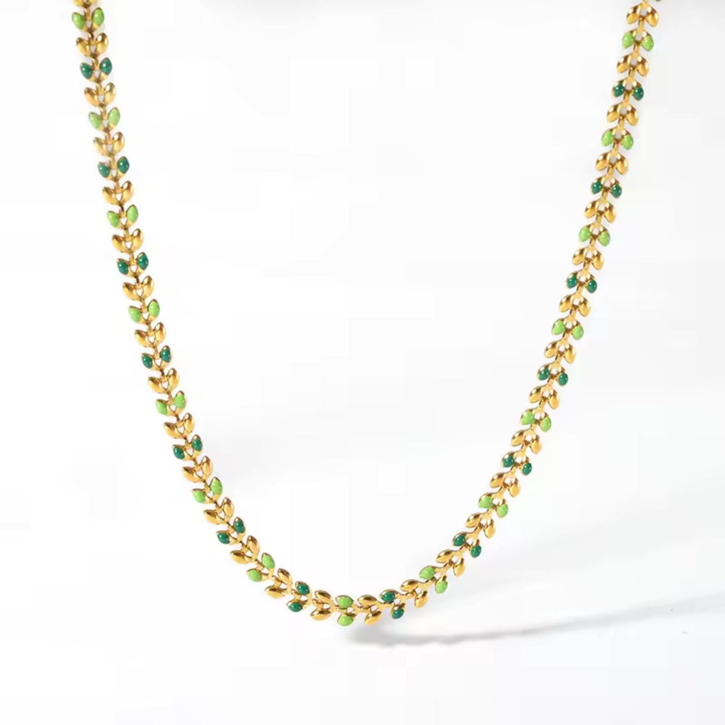 Colorful Leaf Drop Necklace featuring 18K gold-plated stainless steel with vibrant oil drop accents.
