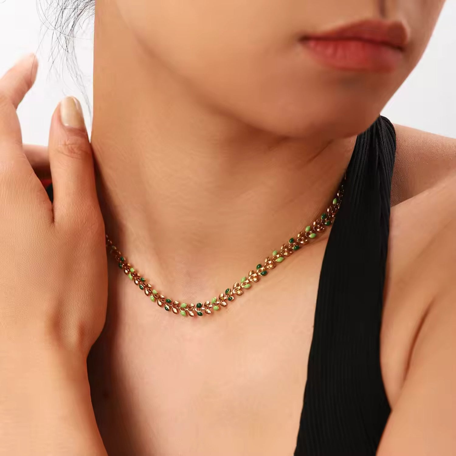 Colorful Leaf Drop Necklace styled on a model, showcasing its vibrant design and elegant fit.