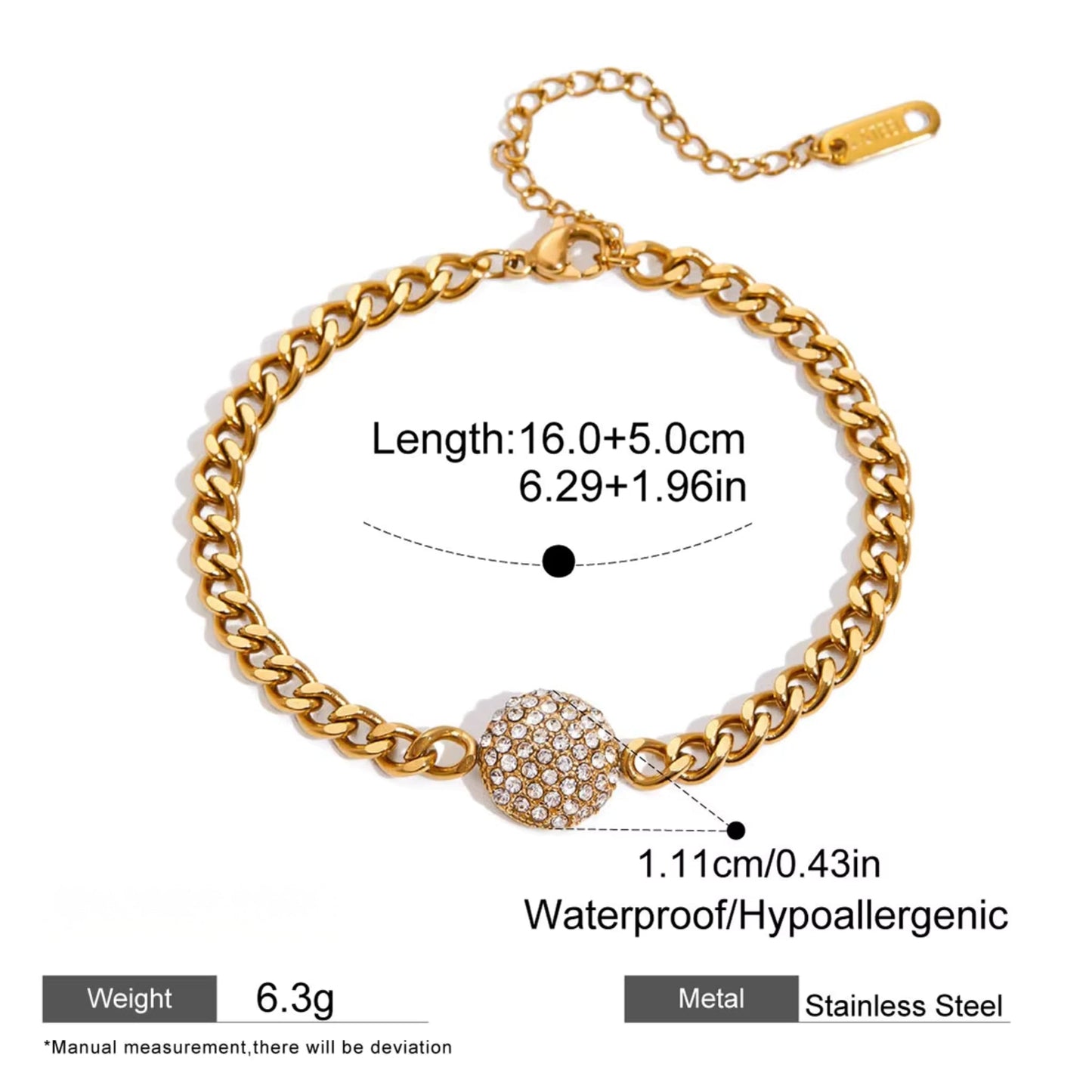 Crystal Ball Chain Bracelet – 18K Gold Plated Stainless Steel