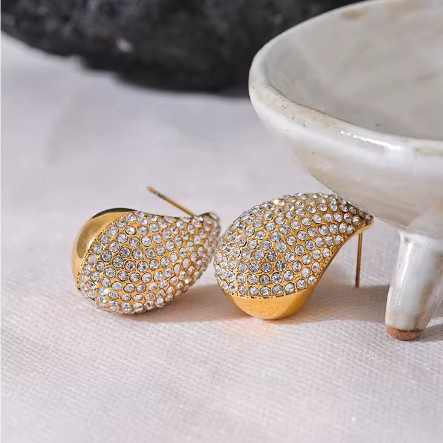 Crystal Embellished Gold Teardrop Earrings.