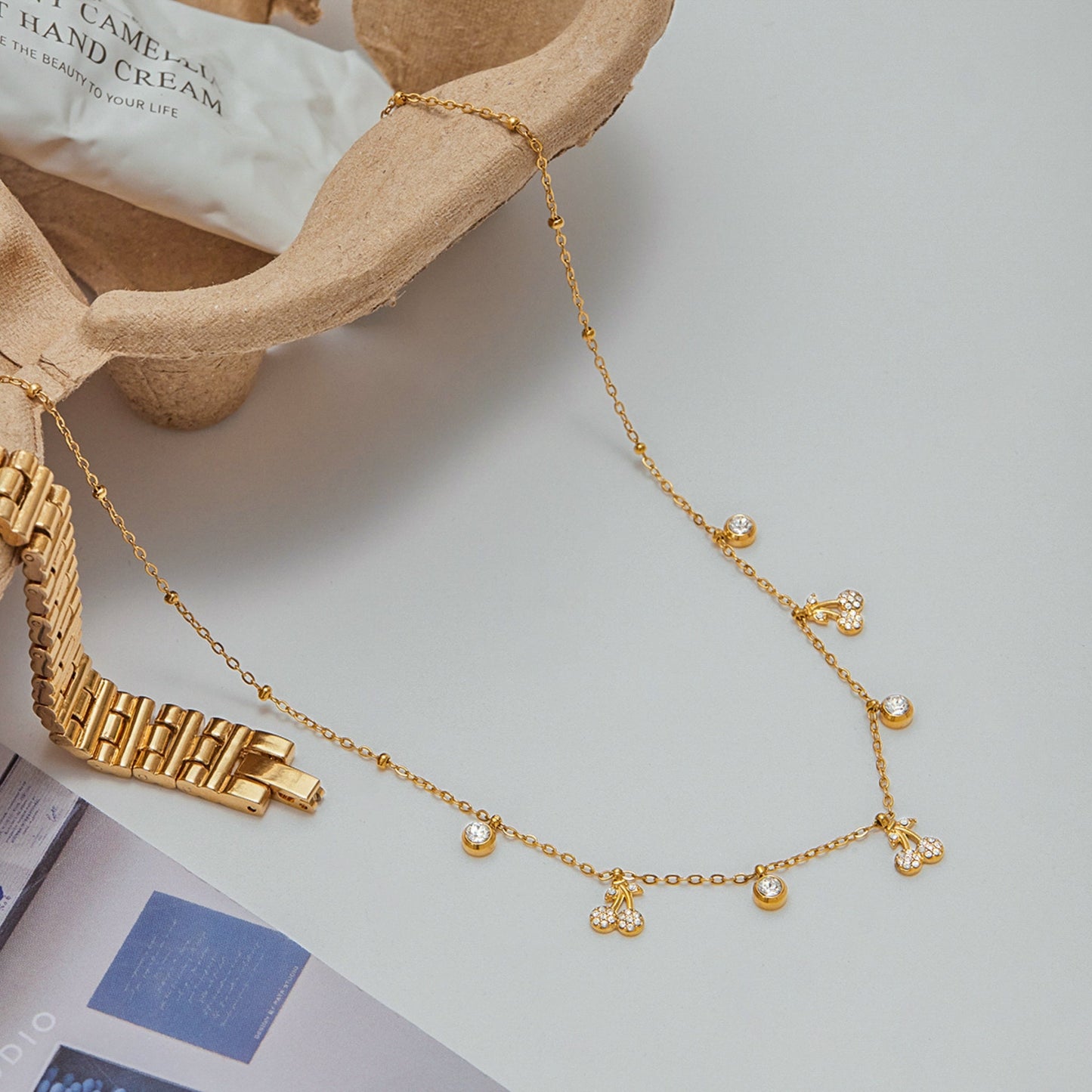 Dainty Cherry Charm Necklace – Gold Plated Stainless Steel