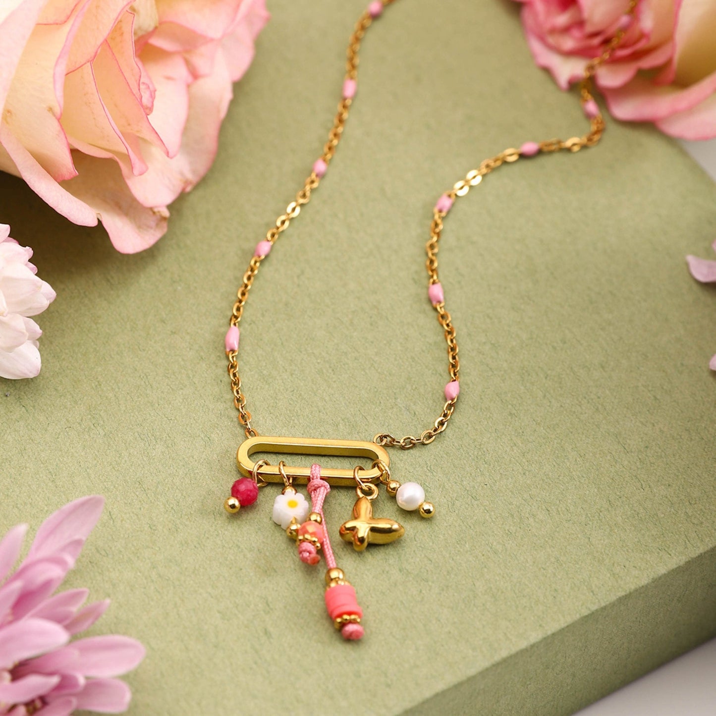 Dainty Pink Charm 18K Gold Plated Necklace