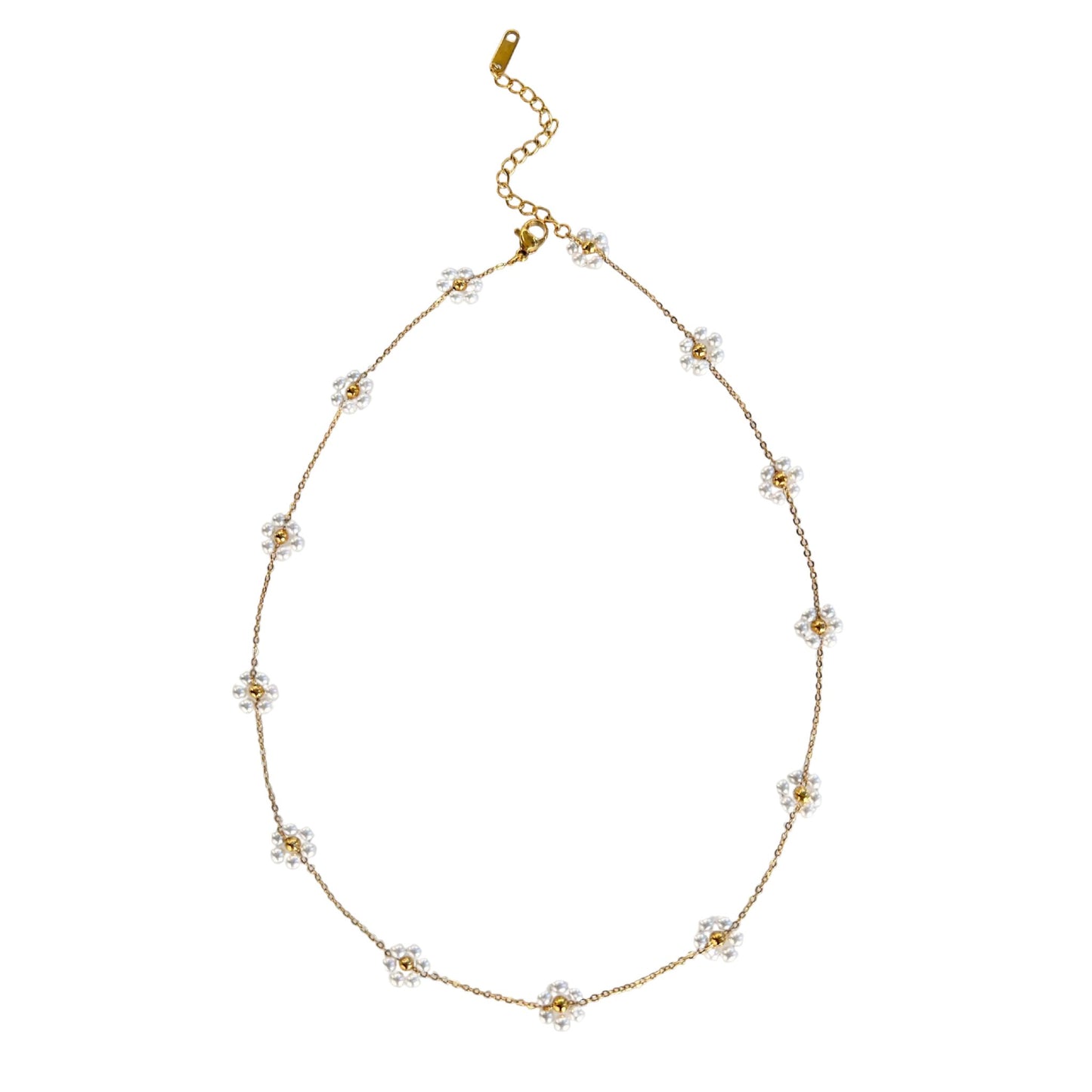 Delicate Daisy Pearl Necklace with 18K gold-plated chain and daisy-shaped pearl clusters.