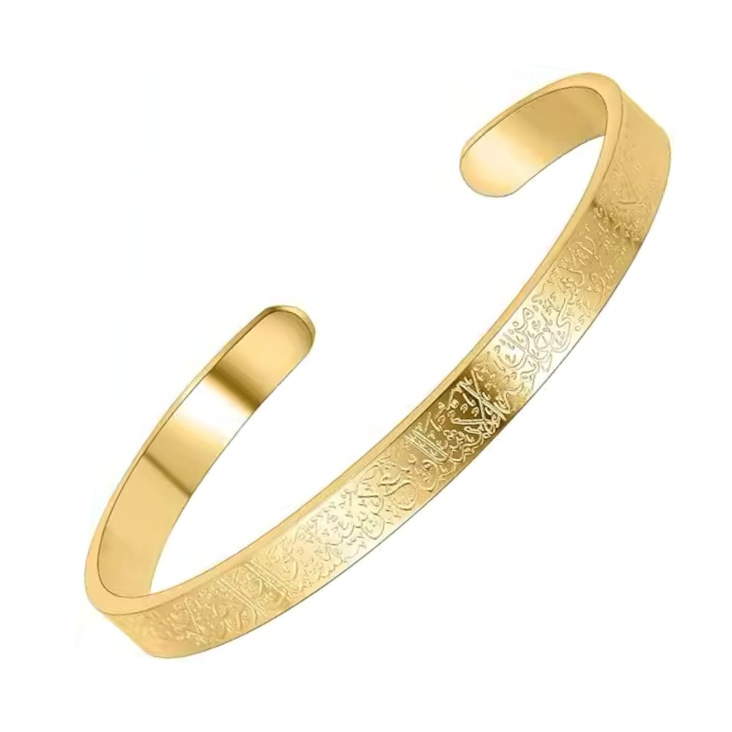 Adjustable Al Kursi Bangle crafted from stainless steel with a radiant gold finish, perfect for daily wear.