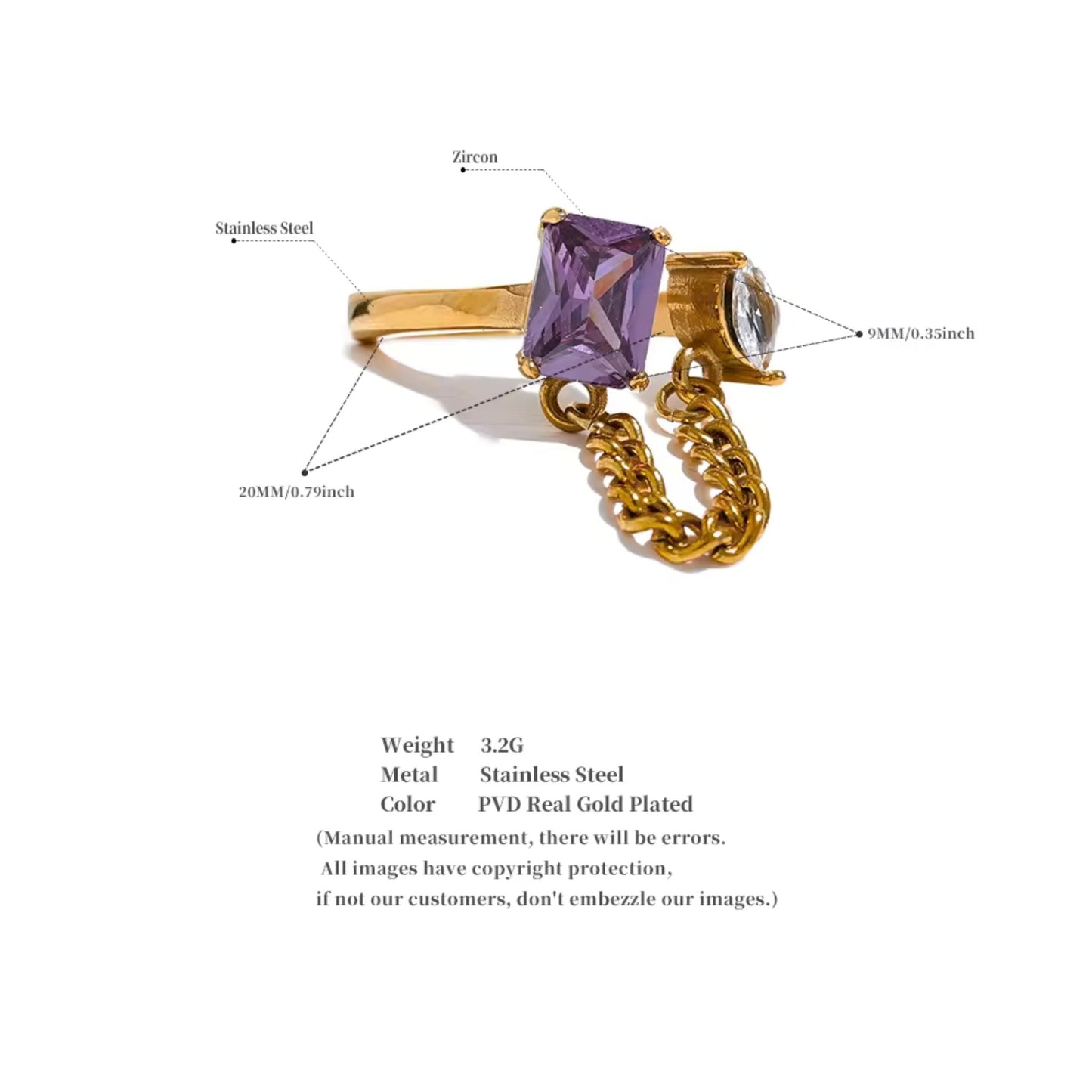 Details of the Double Gem Chain Link Ring featuring amethyst and crystal zircon stones.