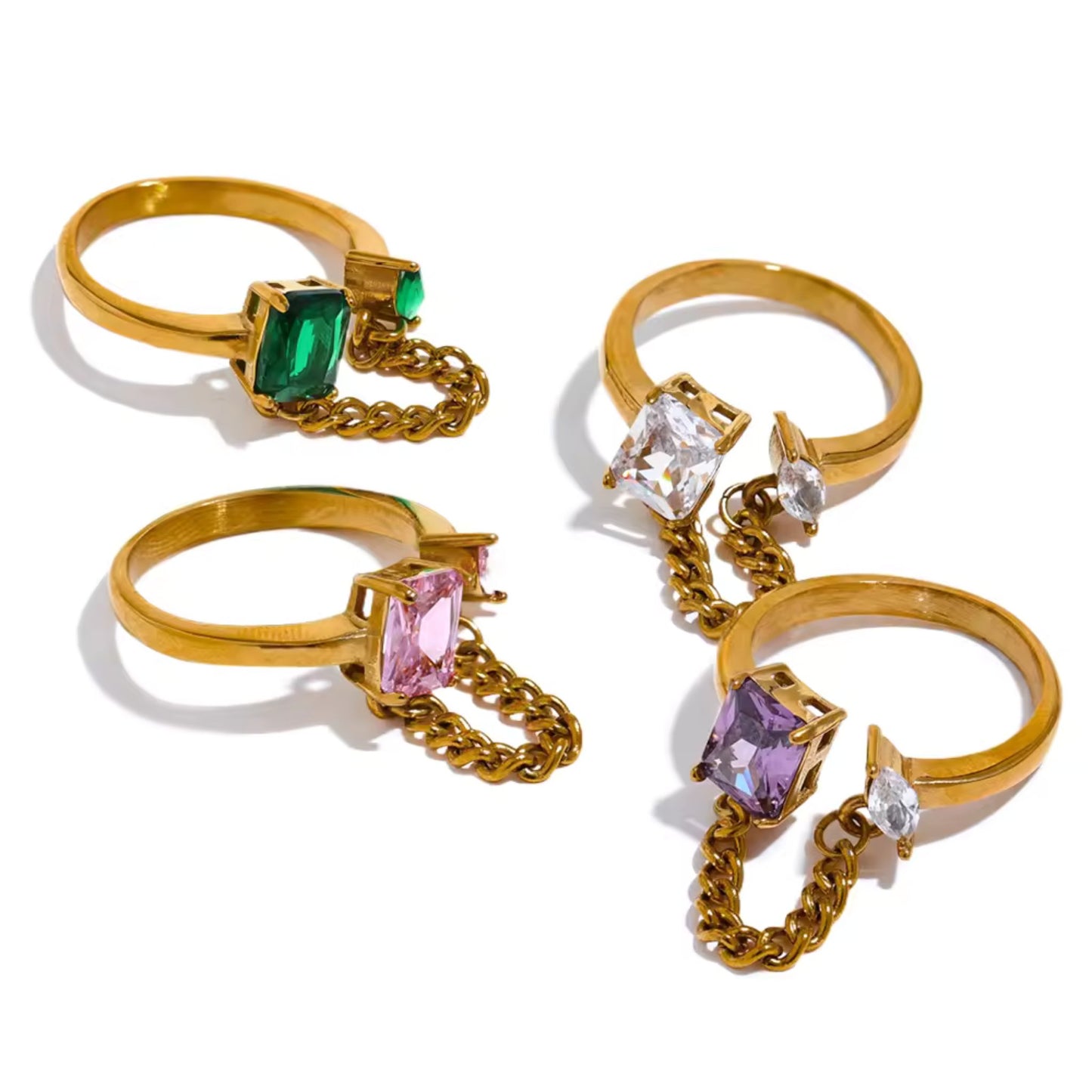 Unique chain link ring design with dual zircon stones, perfect for bold and sophisticated styles.