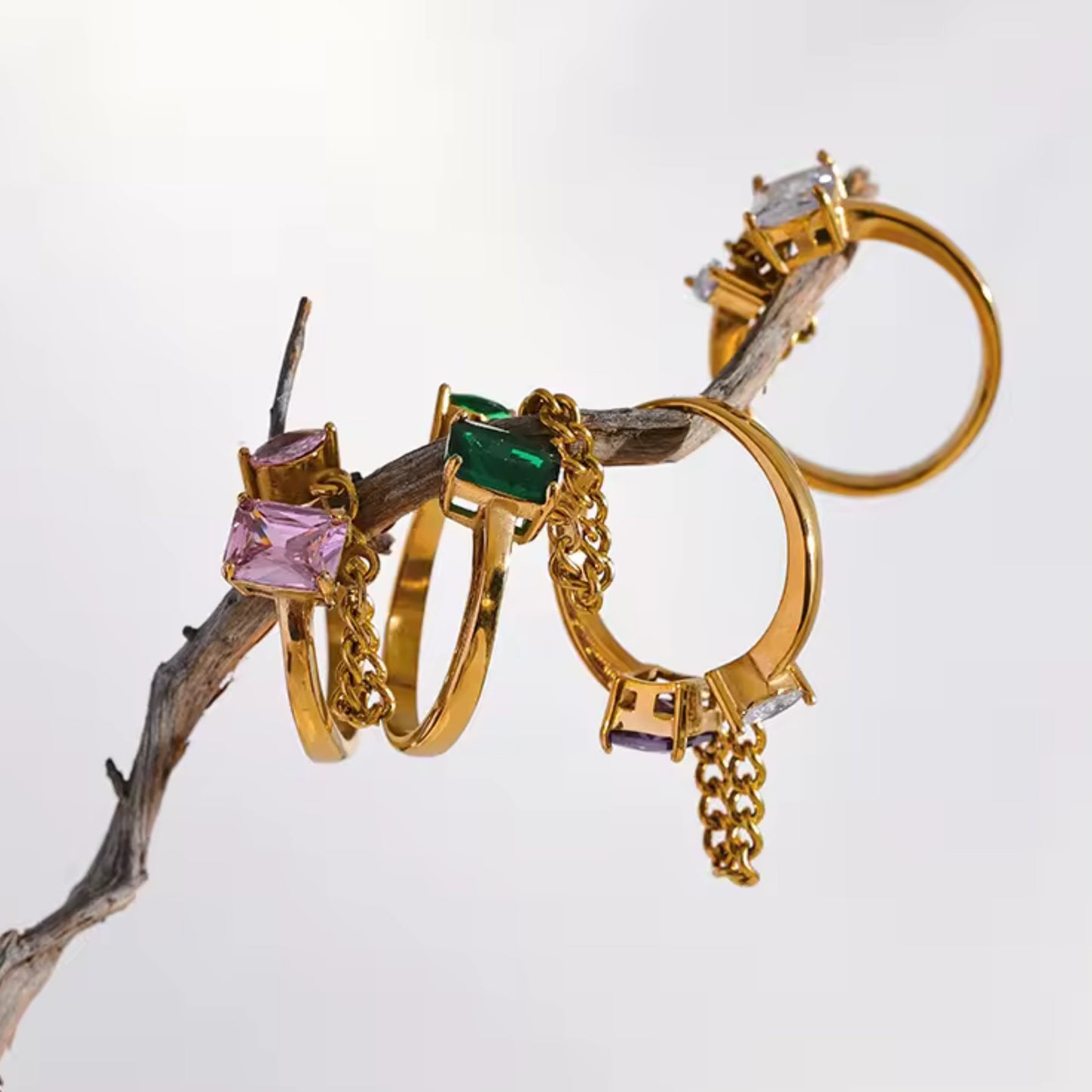 Elegant gold-plated Double Gem Chain Link Ring available in amethyst, crystal, and pink zircon.