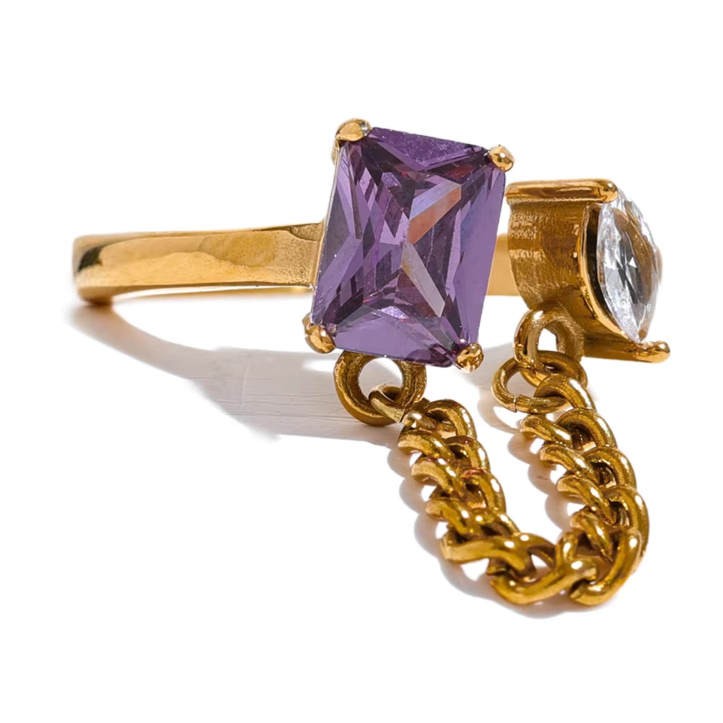 Close-up of the Double Gem Chain Link Ring featuring amethyst and crystal zircon stones.