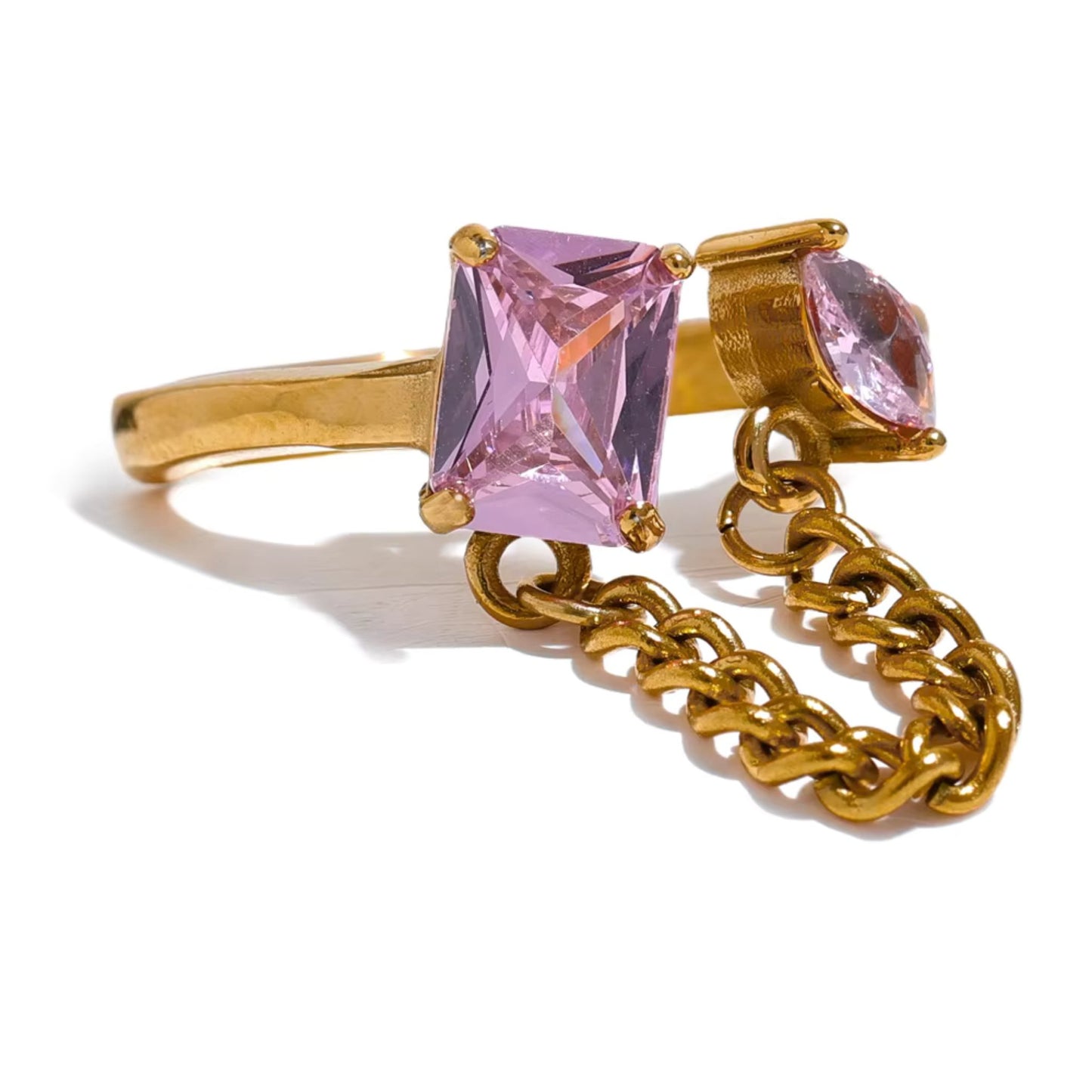 Close-up of the Double Gem Chain Link Ring featuring pink crystal zircon stones.