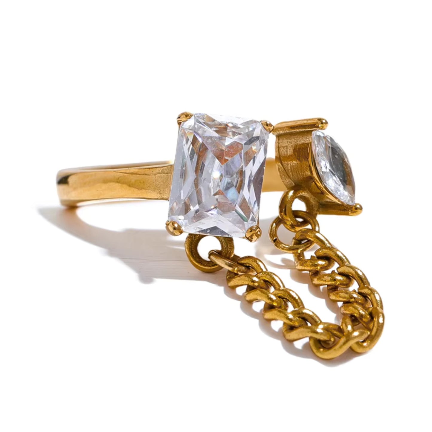 Close-up of the Double Gem Chain Link Ring featuring clear crystal zircon stones.