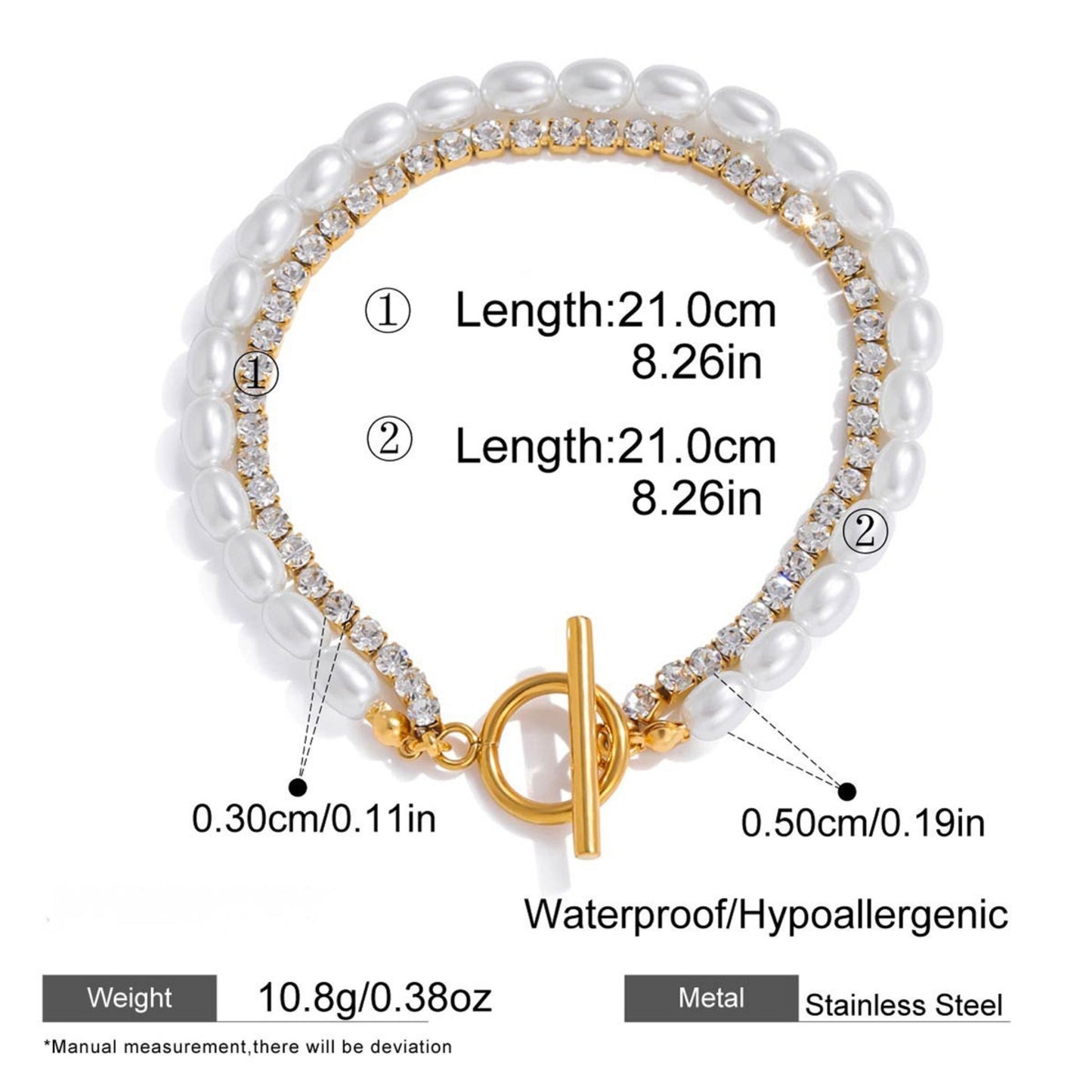 Double Row Pearl & Crystal Bracelet – 18K Gold Stainless Steel Toggle Clasp
