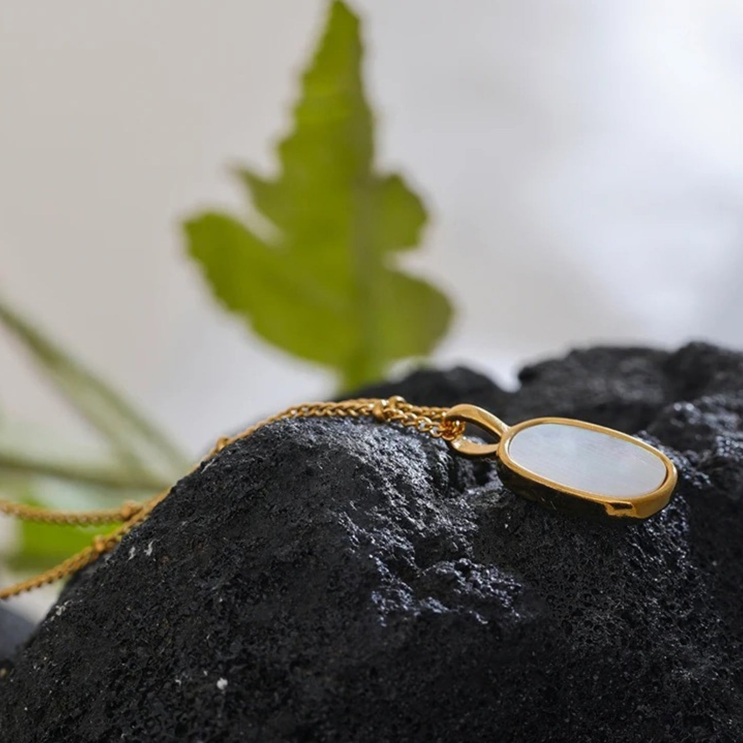 Side view of the Dual-Sided Shell Pendant Necklace, displaying the natural shell pendant and 18K PVD gold-plated finish